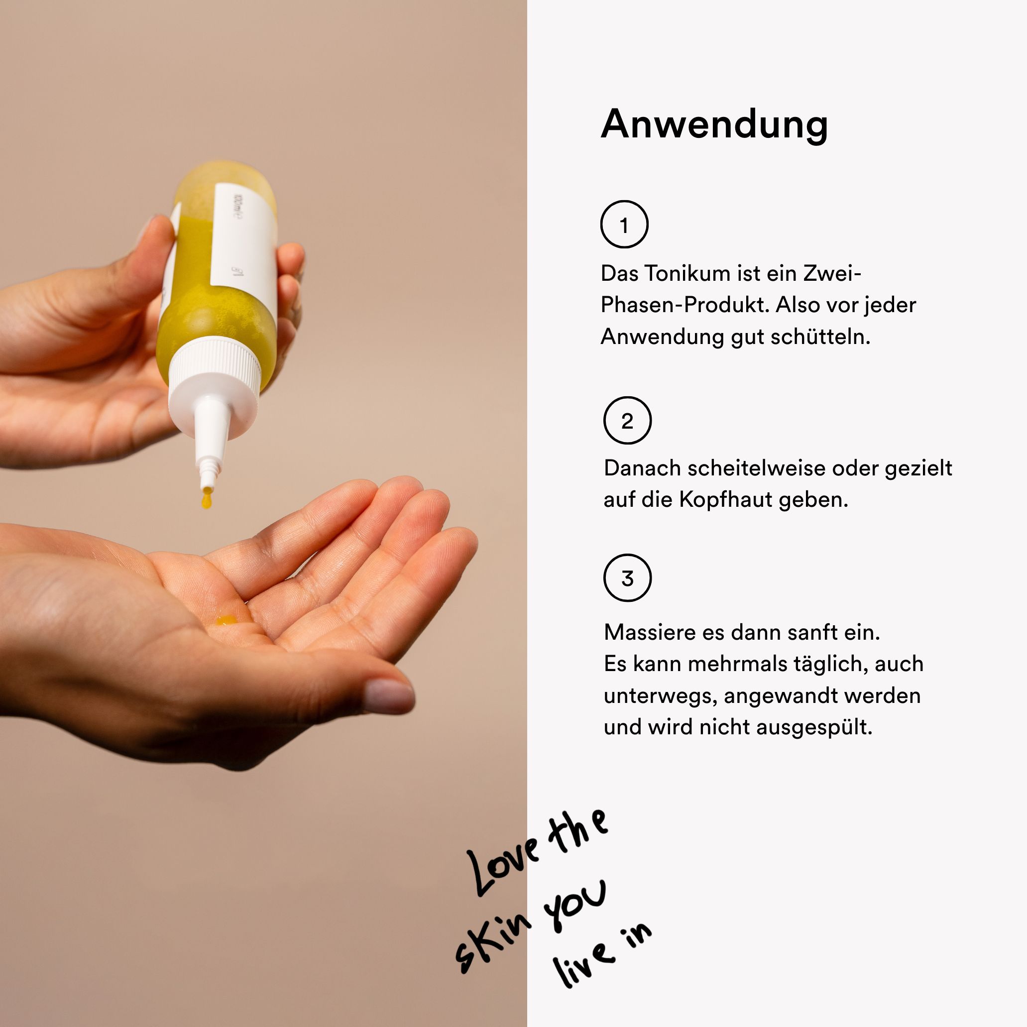 Hände halten eine Flasche natüür Scalp Tonic. Flüssigkeit wird auf die Handfläche getropft. Text: Anwendung, gut schütteln, einmassieren.