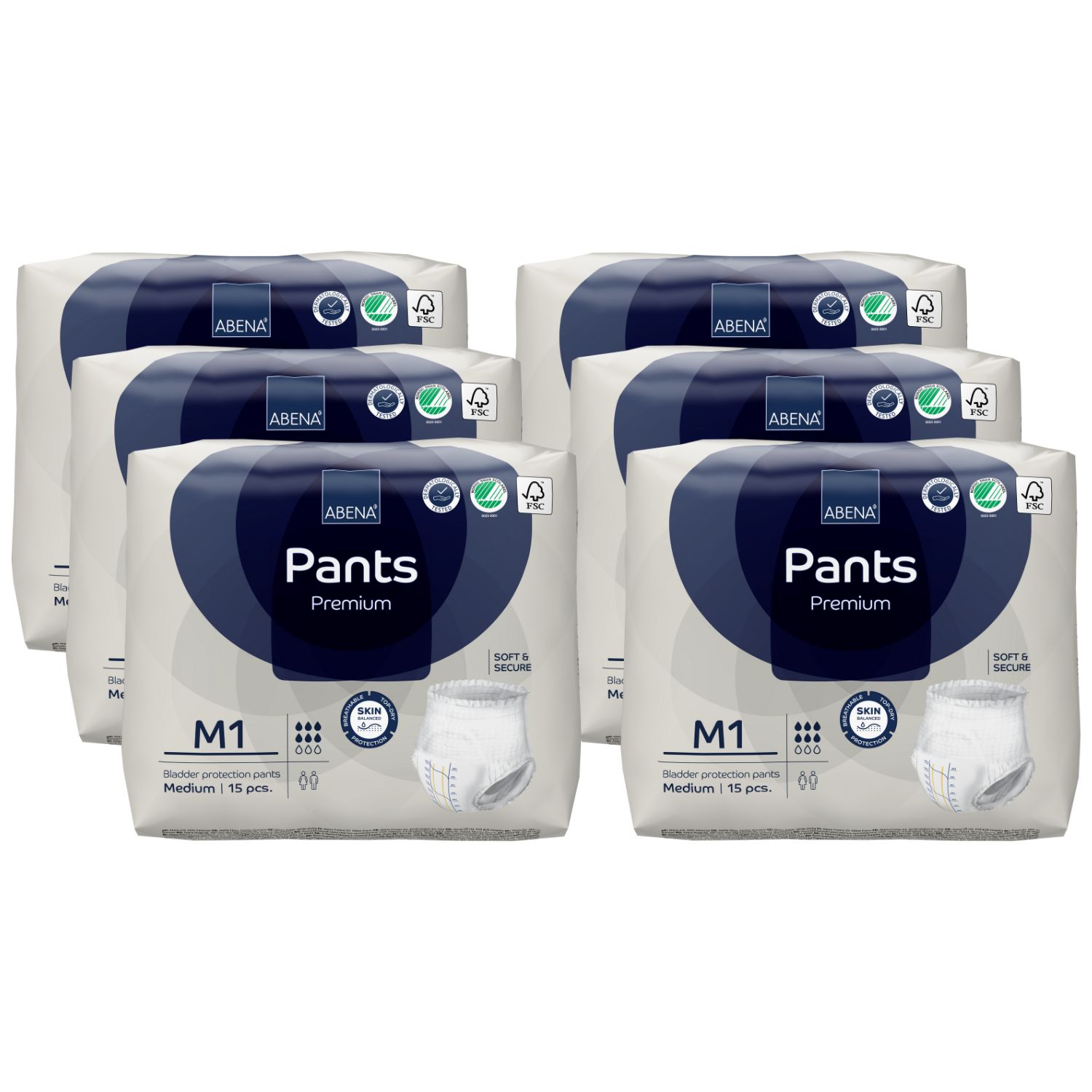 Mehrere Packungen Abena Pants Premium M1. Verpackung mit Produktabbildung, Logo, und Zertifizierungen. Medium, 15 Stück.