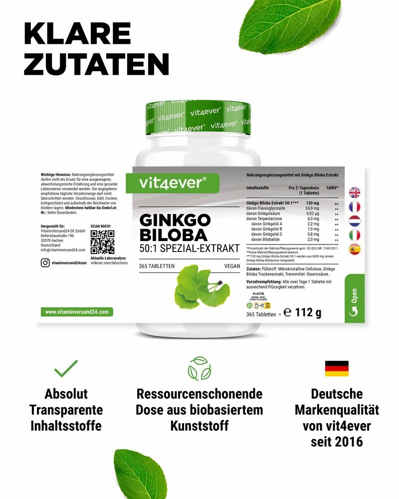 Vit4ever Ginkgo Biloba 6000 mg Flasche mit Nährwertangaben und Länderflaggen.