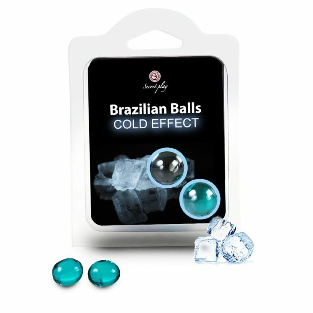 Zwei brasilianische Kugeln mit Kälteeffekt in türkiser Farbe, verpackt in einer Blisterpackung mit Eiswürfeln.
