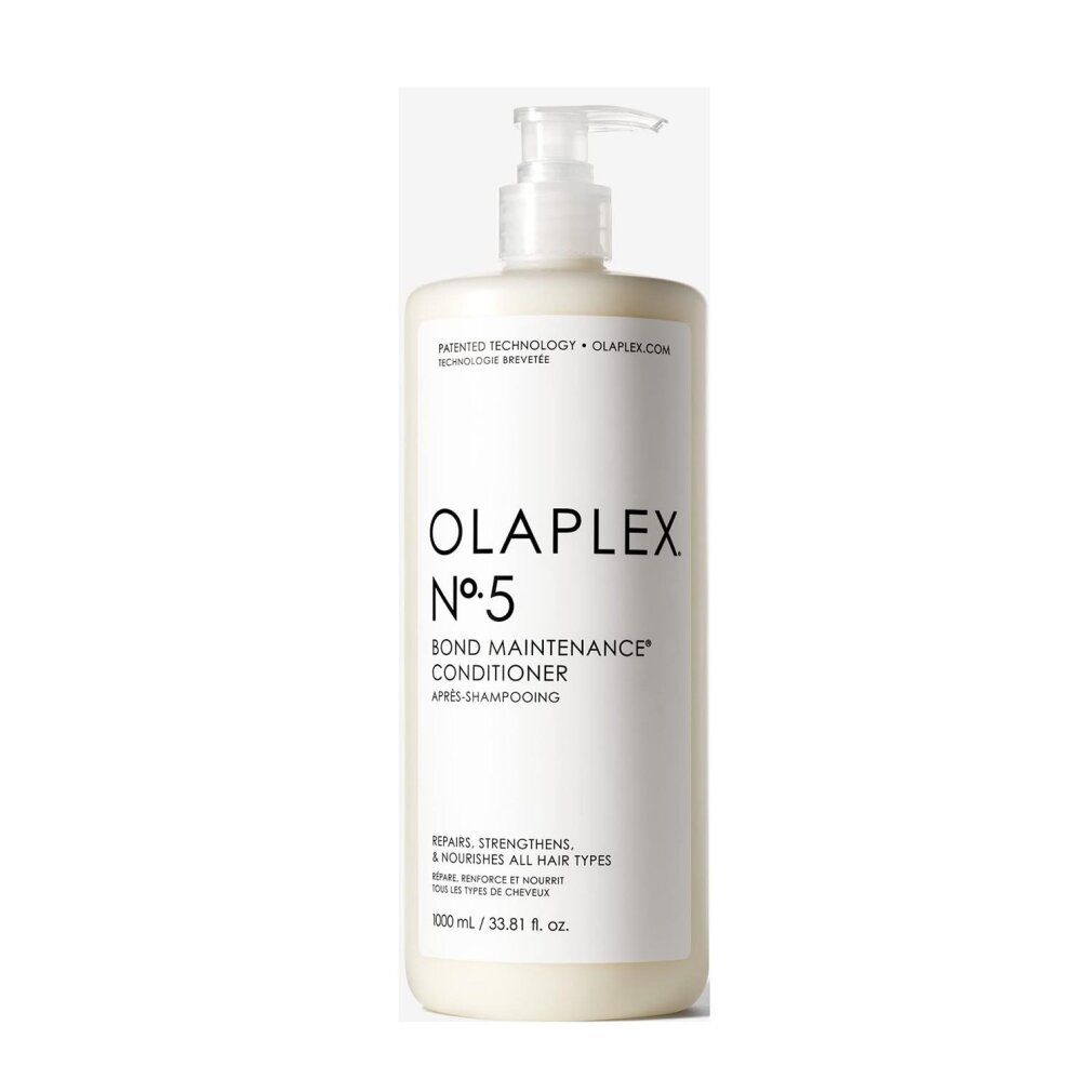 Beige Flasche mit Pumpe. Aufschrift: Olaplex N°5 Bond Maintenance Conditioner. 1000 ml.