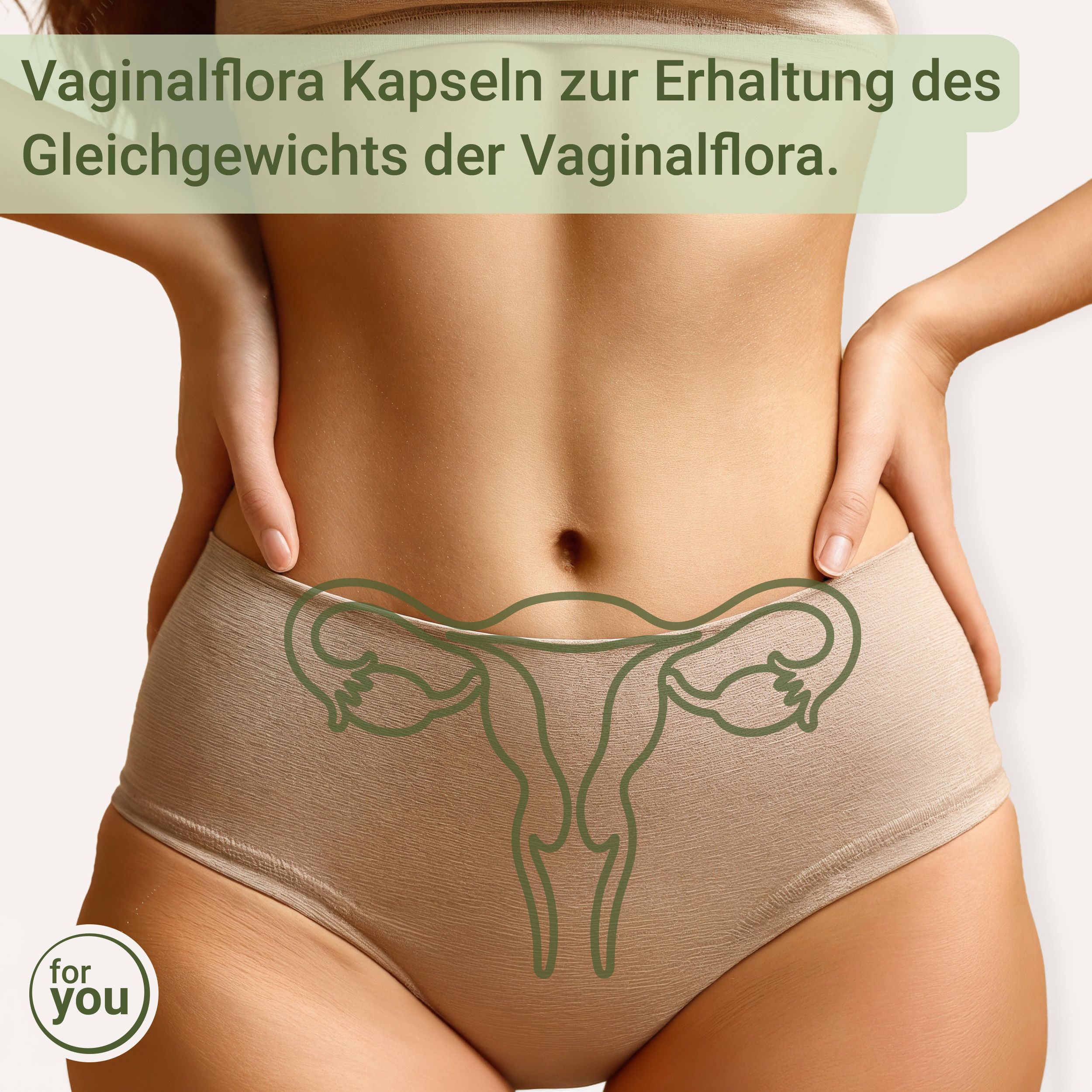 Nahaufnahme des Unterleibs einer Frau mit einer schematischen Darstellung des Uterus und der Eileiter.