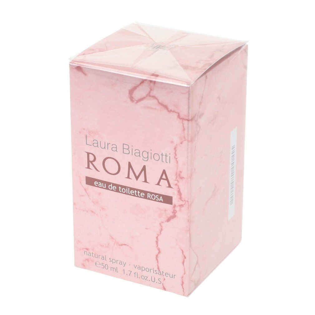 Rosa Eau de Toilette in rosa Marmor-Verpackung. Schriftzug: Laura Biagiotti ROMA. 50 ml.