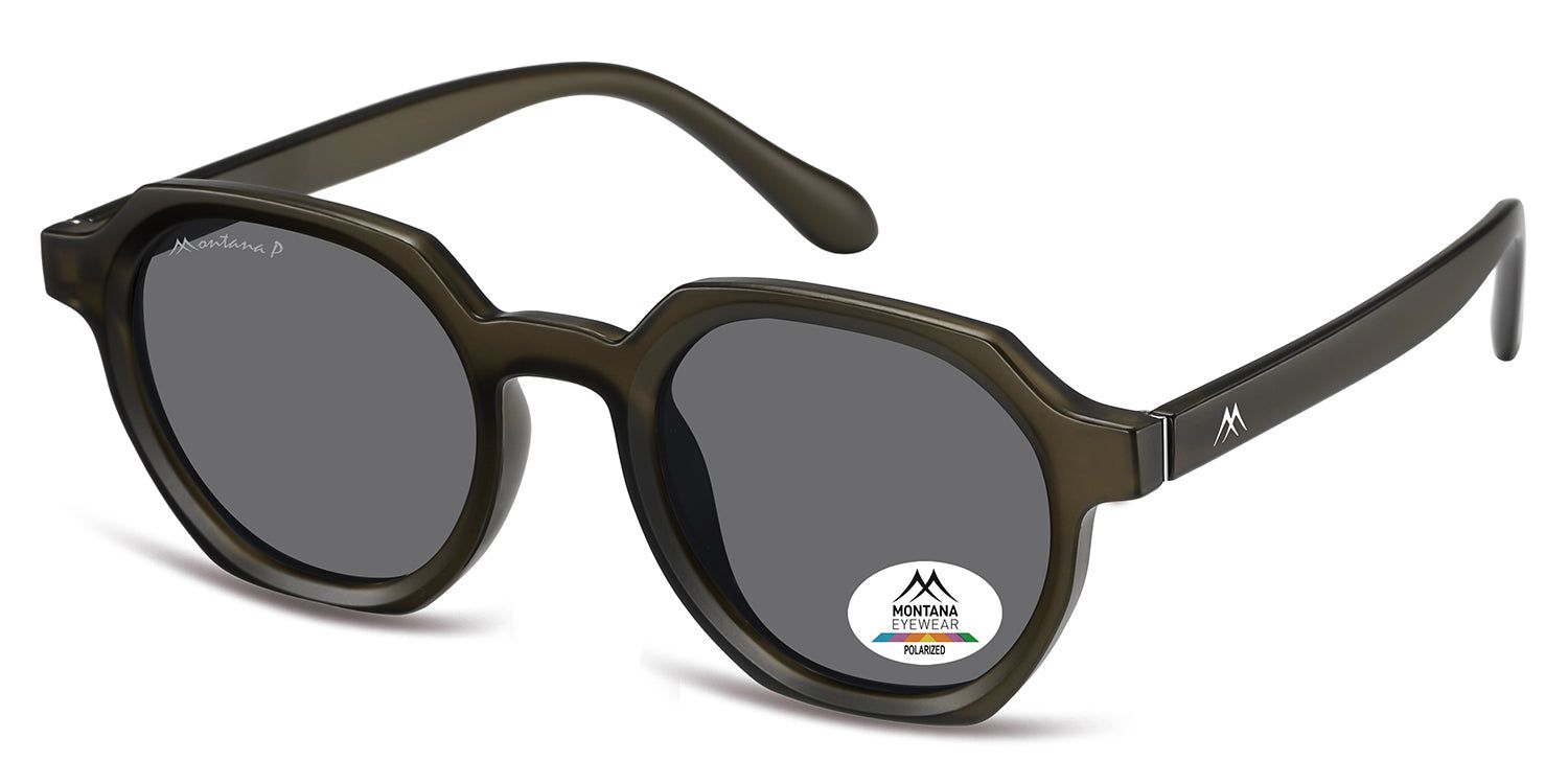 Sonnenbrille mit grau getönten Gläsern und olivfarbenem Rahmen. Das Montana Eyewear Logo ist auf dem Bügel und einem Glas zu sehen.