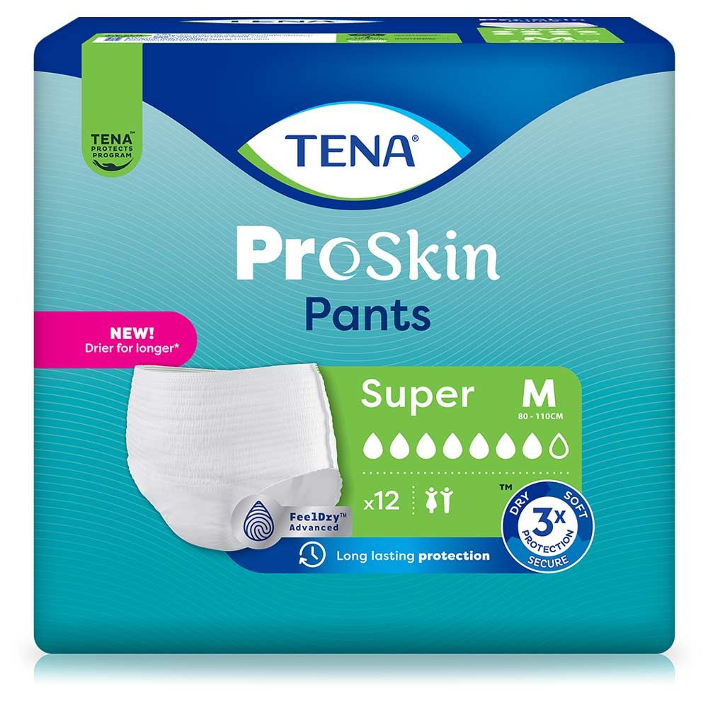 Verpackung von TENA ProSkin Pants Super M. Blaue Verpackung mit Produktabbildung. Enthält 12 Pants. Mit Zertifizierung.
