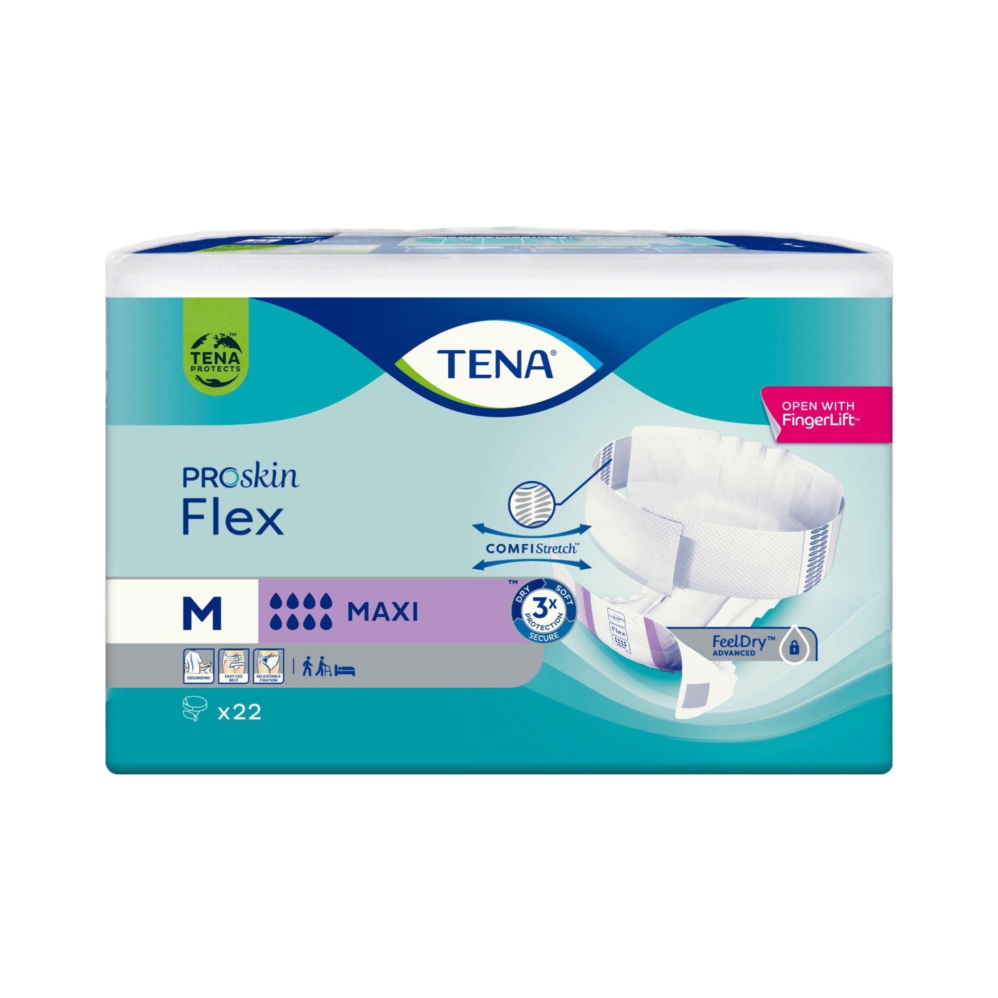 TENA Proskin Flex Maxi, Größe M. Verpackung mit blauer und weißer Gestaltung. Text: TENA, Proskin Flex, Maxi, x22. Mit FingerLift.