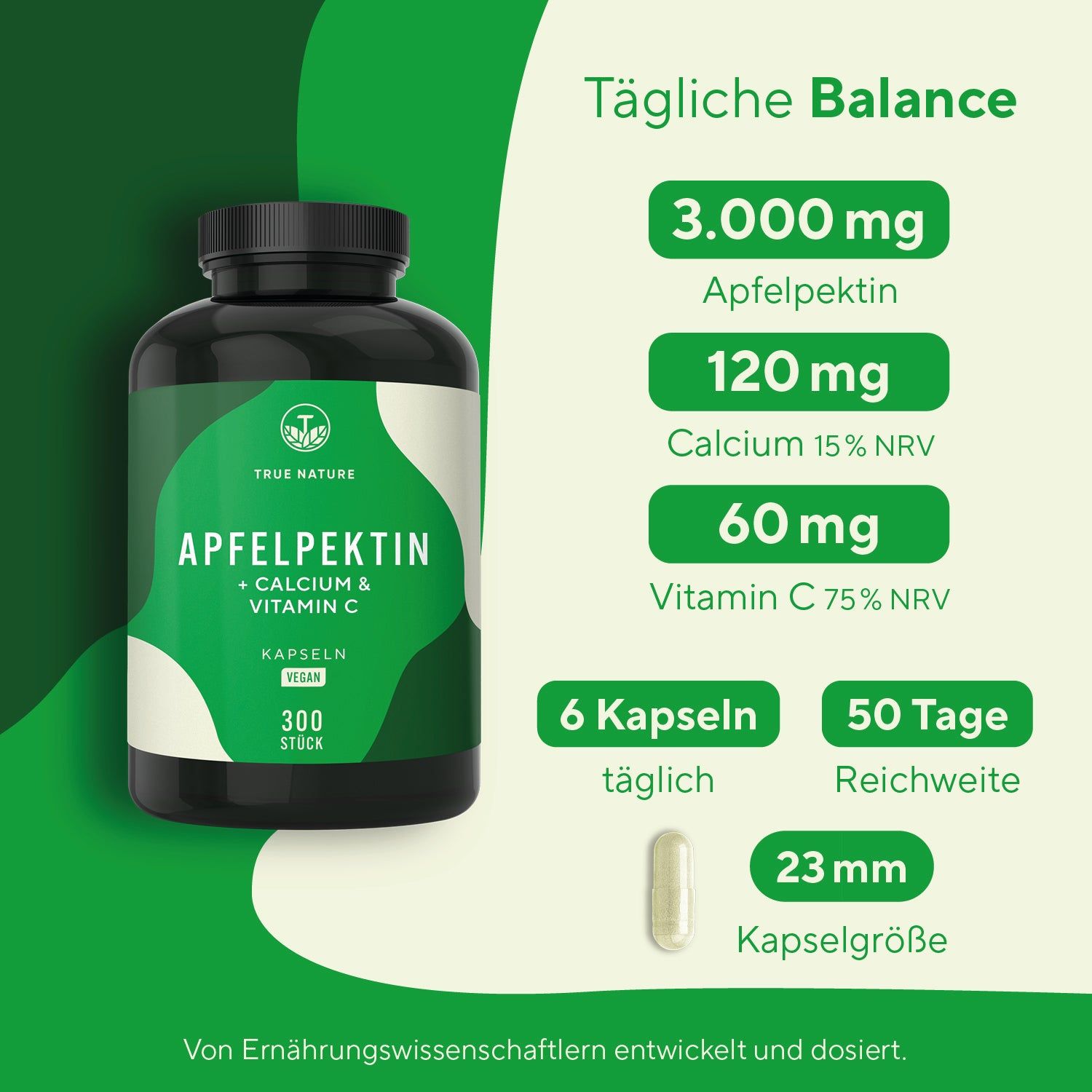 Produktflasche neben Infografik. Infografik zeigt: 3.000 mg Apfelpektin, 120 mg Calcium, 60 mg Vitamin C, 6 Kapseln täglich, 50 Tage Reichweite.