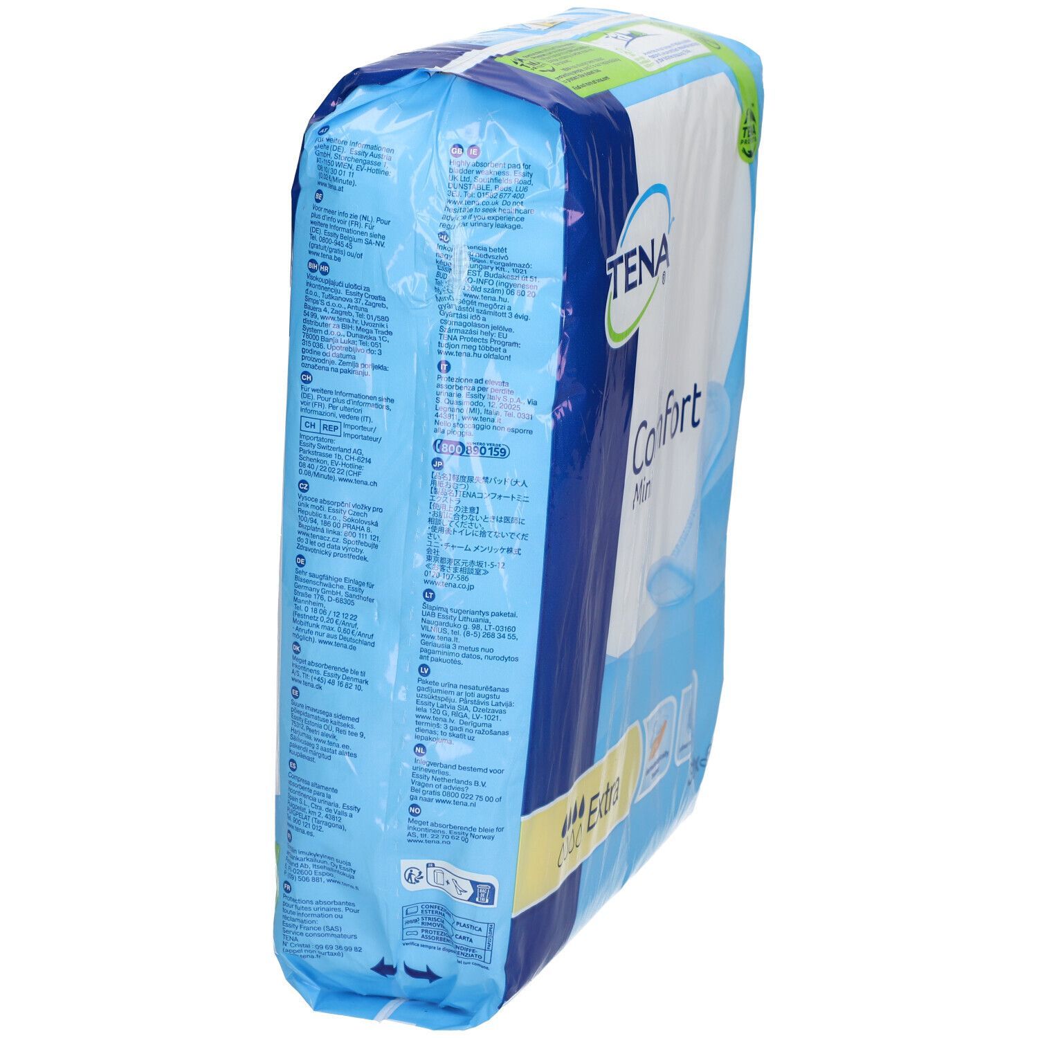 Tena Comfort Mini Einlagen im blauen und weißen Paket.