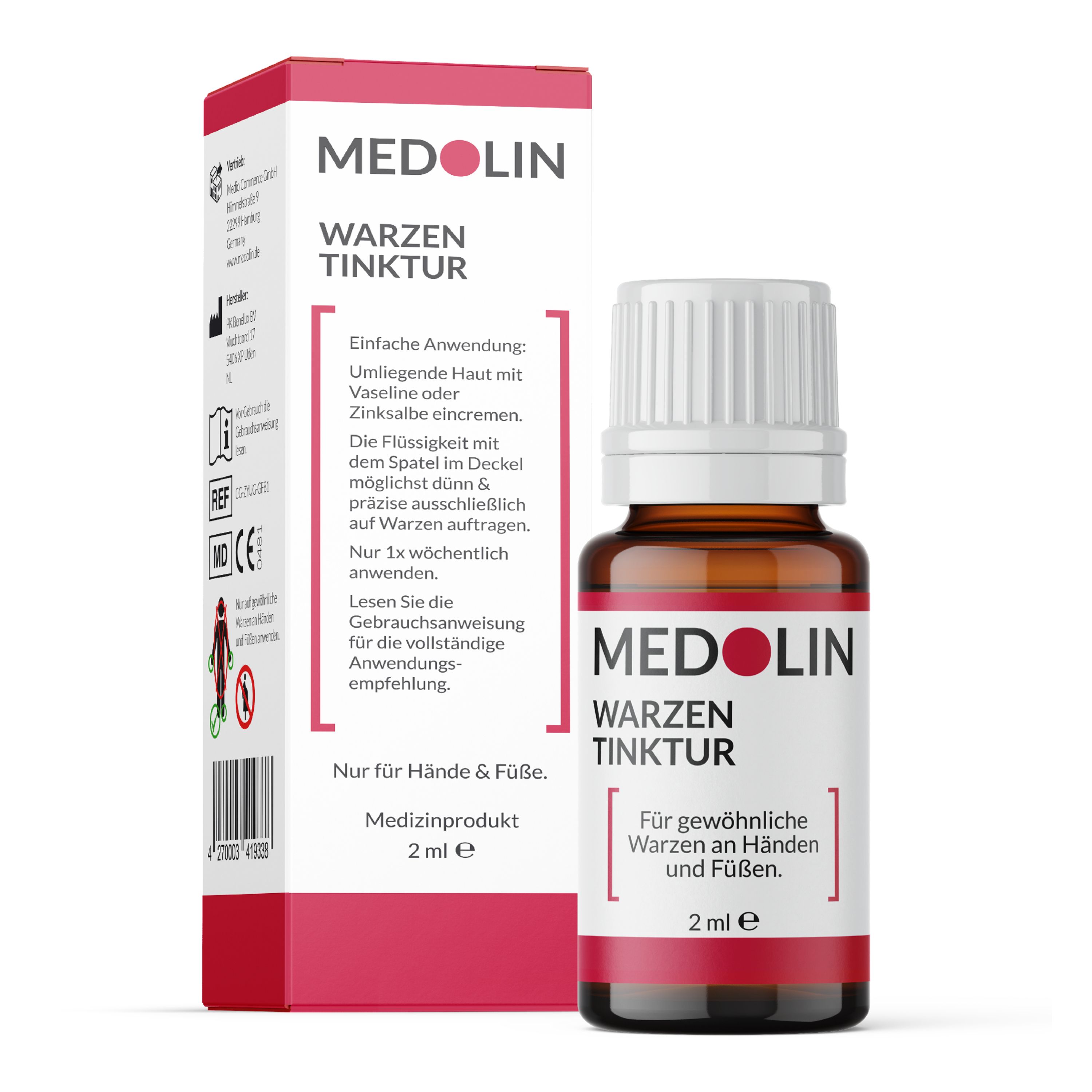 Produktverpackung mit Flasche und Karton. Flasche: MEDOLIN WARZEN TINKTUR, 2 ml. Karton: MEDOLIN, Anwendungshinweise, Medizinprodukt.