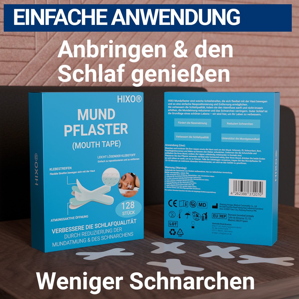 Produktverpackung HIXO Mundpflaster, 128 Stück. Rückseite mit Informationen. X-förmige Pflaster auf Tisch.