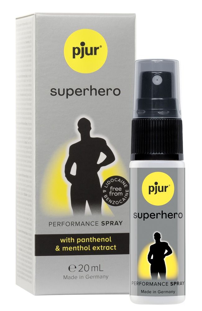 pjur superhero Performance Spray und Schachtel. Sprayflasche und Schachtel mit Text und Silhouette. Mit Panthenol & Mentholextrakt. 20 ml.