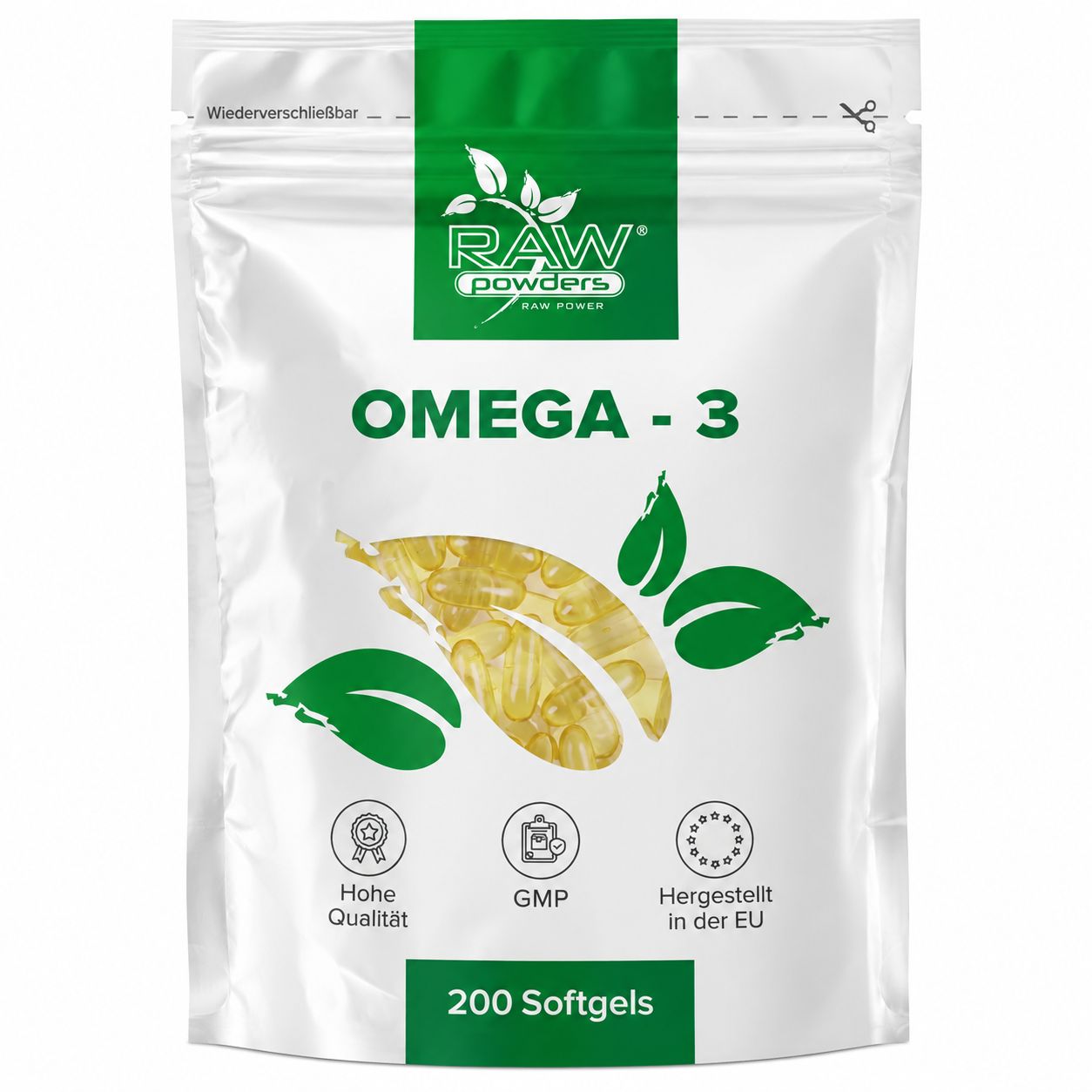 Raw Powders Omega-3 Softgels, 200 Stück in Standbodenbeutel.