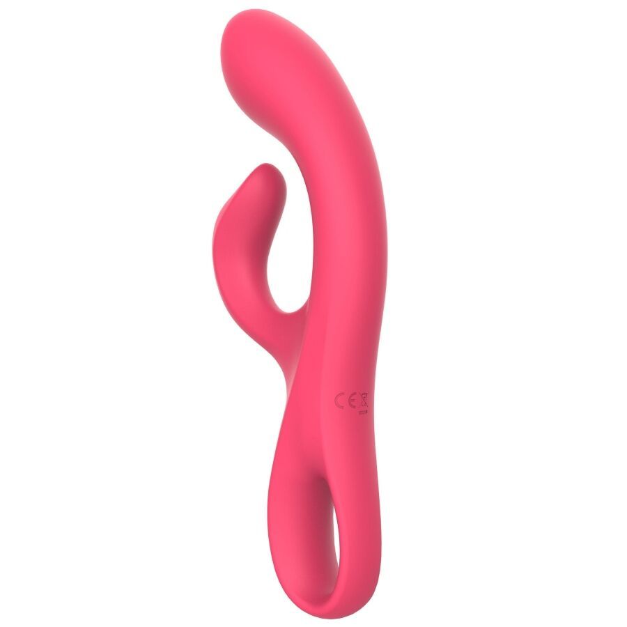 Rosa Vibrator mit geschwungener Form. CE-Kennzeichnung. Ein Ende abgerundet, das andere hat eine Schlaufe.