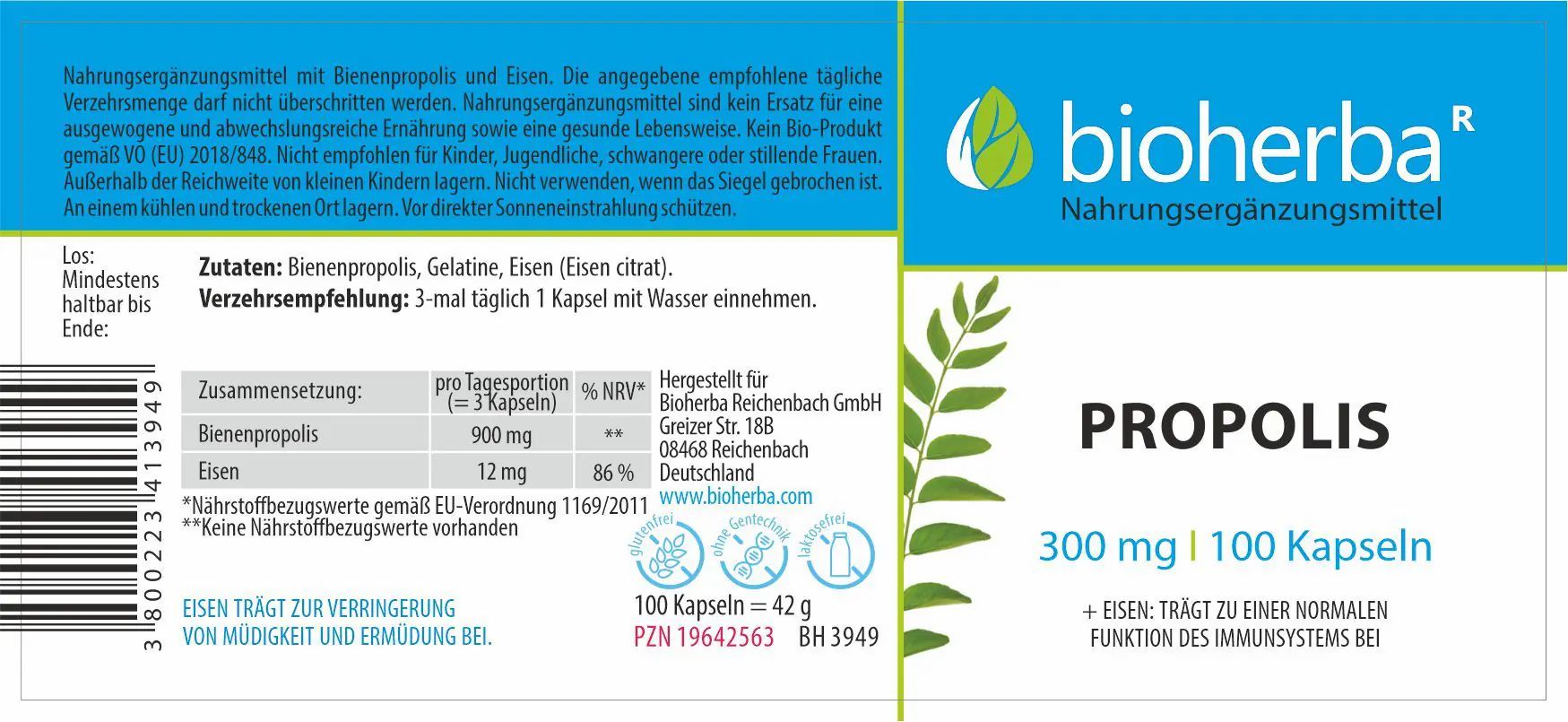 Etikett mit Produktinformationen. "bioherba" Logo. Text: "PROPOLIS", "300 mg | 100 Kapseln". Zutatenliste und Nährwertangaben.
