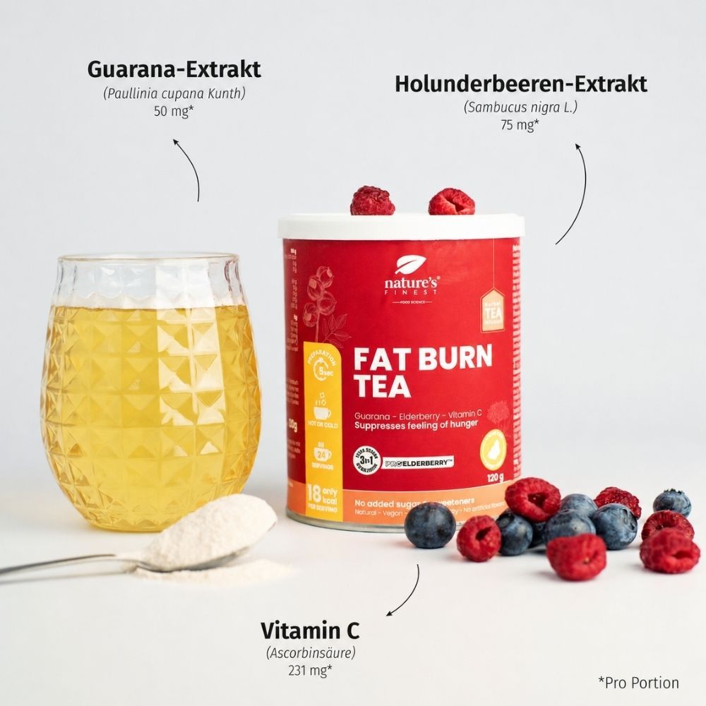Nature's Finest Fat Burn Tea Dose mit Guarana, Holunderbeere, Vitamin C und Beeren.