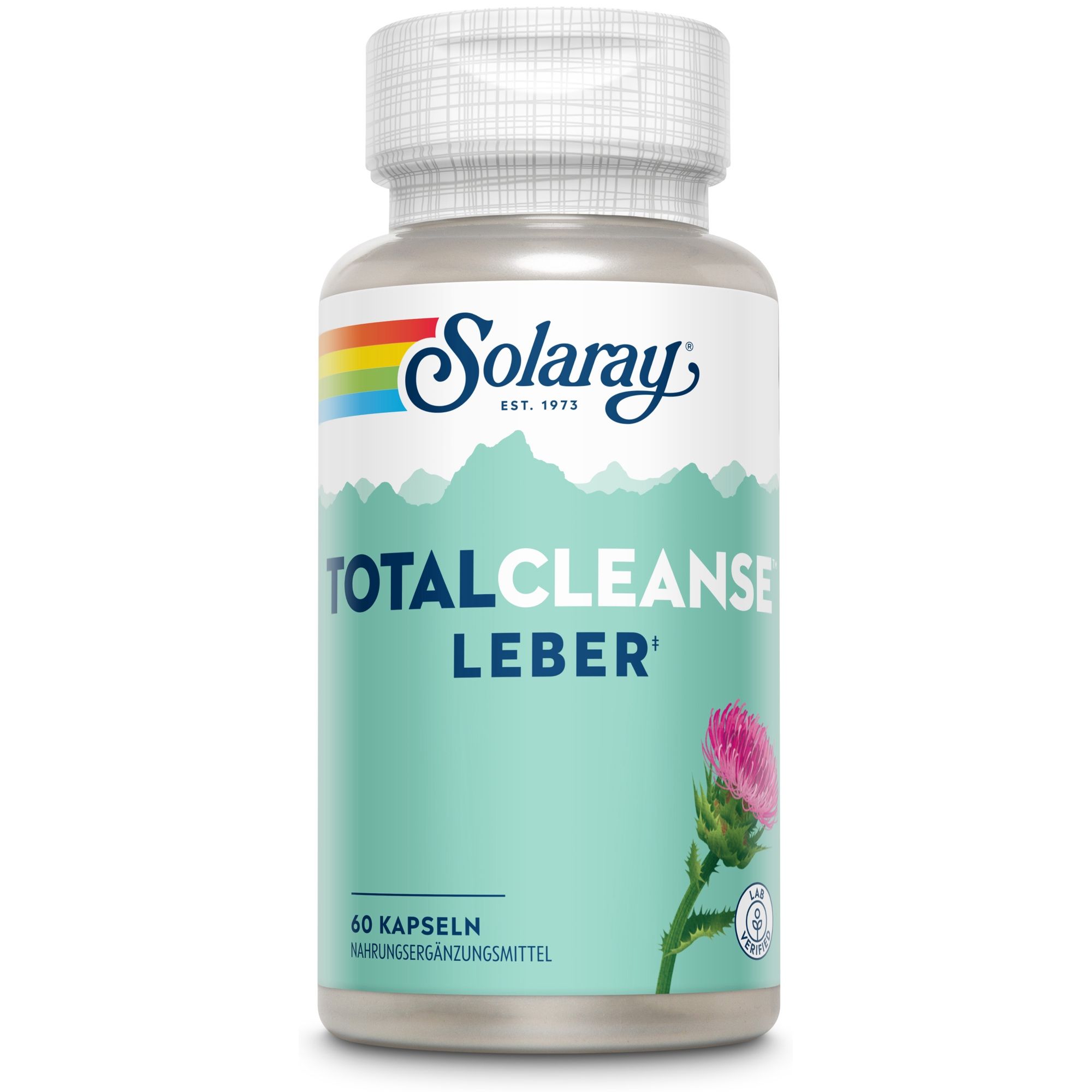Solaray Total Cleanse Leber-Dose. Aufschrift: Total Cleanse Leber. 60 Kapseln. Mariendistel-Abbildung.
