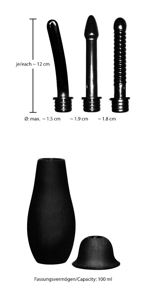 Intimdusche mit drei Aufsätzen. Abmessungen und Kapazität sind angegeben. Flasche, Aufsatz und drei weitere Aufsätze.