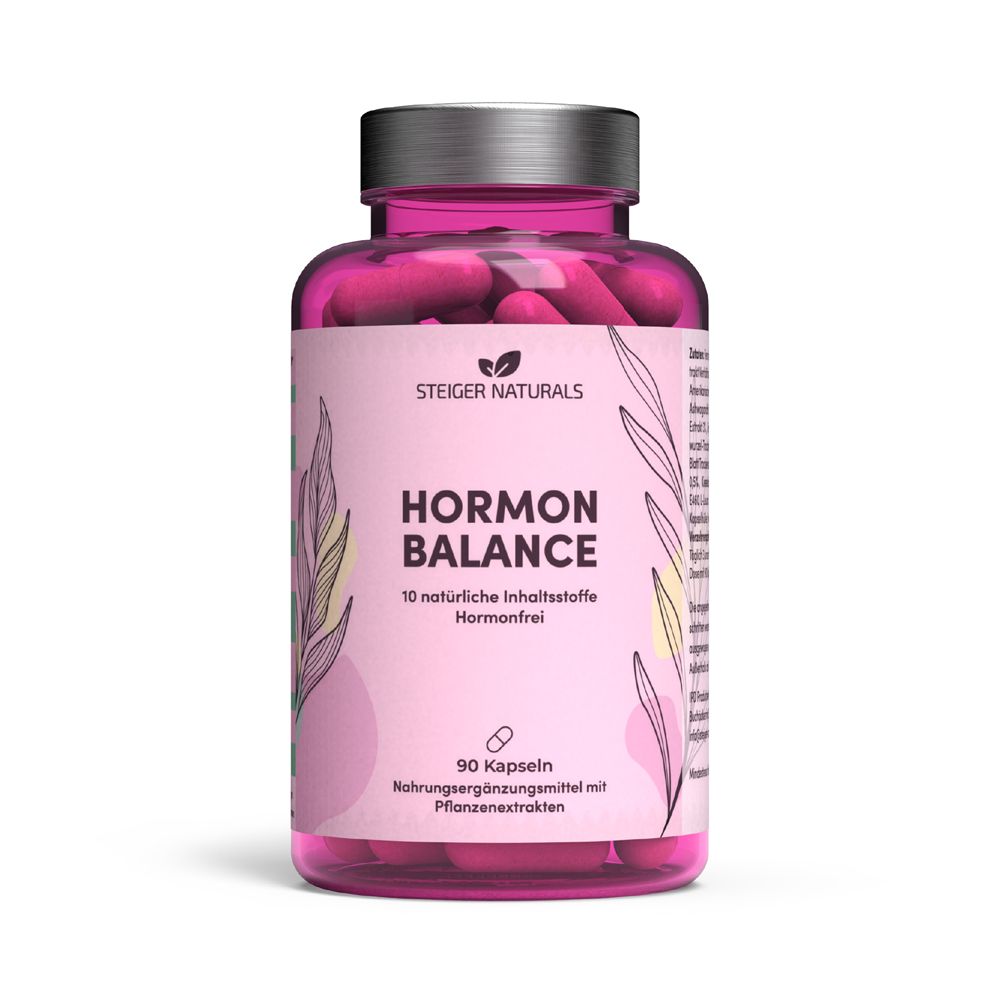Rosa Hormon Balance Kapseln in einer Flasche. Aufschrift: Steiger Naturals, Hormon Balance, 90 Kapseln.