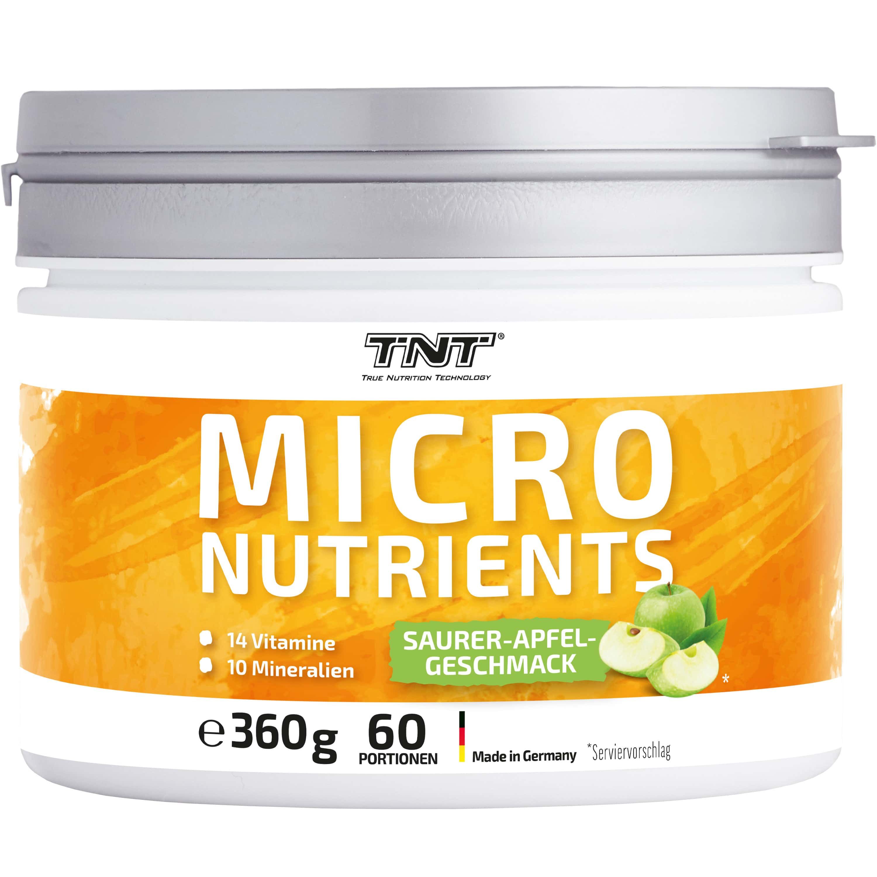 Weißer Behälter mit TNT Micro Nutrients. Aufschrift: MICRO NUTRIENTS, 14 Vitamine, 10 Mineralien, 360g, 60 Portionen, Apfelgeschmack.