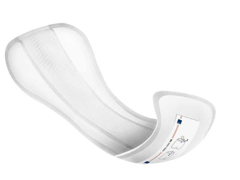 Weiße Abena Abri-San Premium Einlage. Anatomisch geformt, mit seitlichen Ausläufern. Sichtbare Saugfähigkeit. Luftdurchlässig.