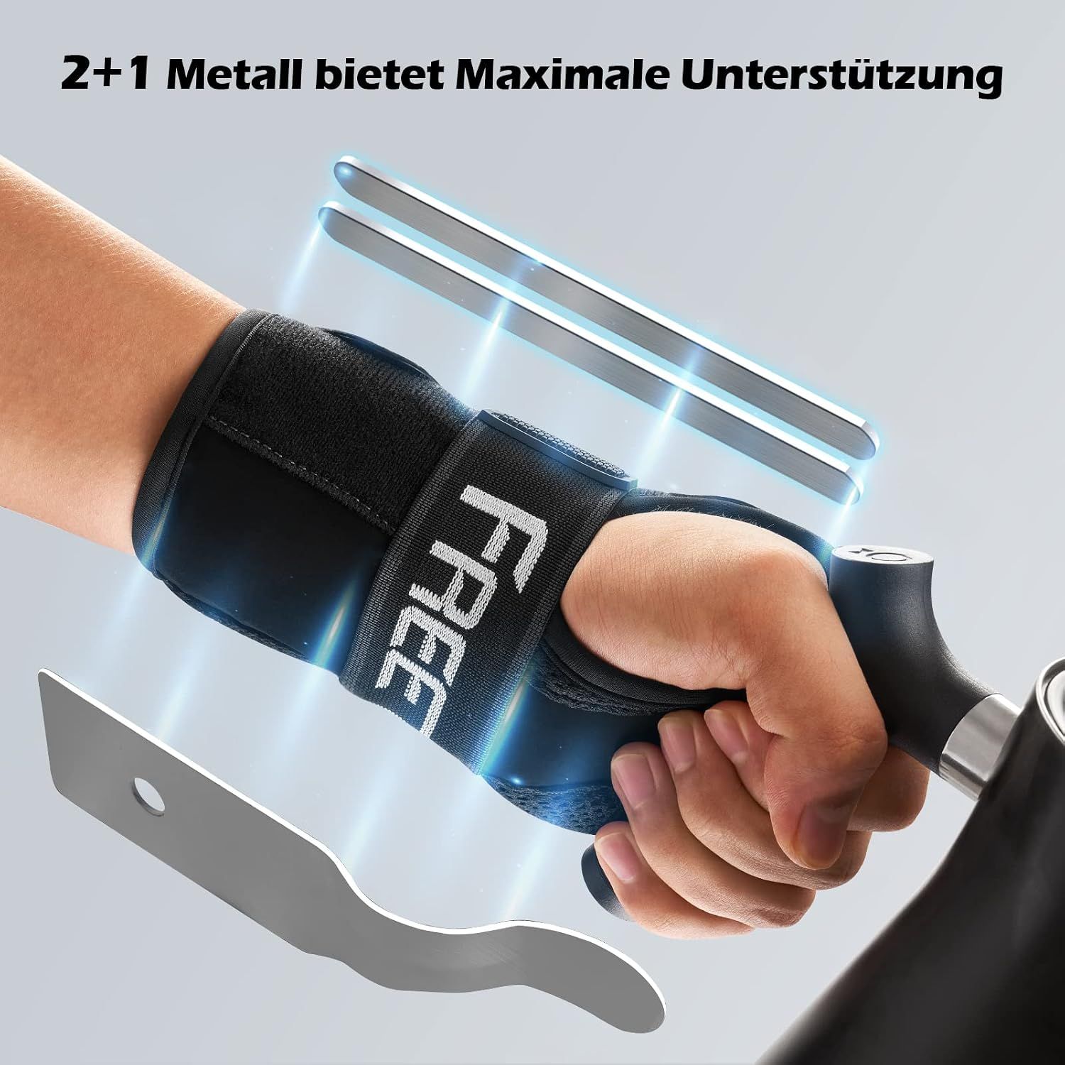Handgelenkbandage mit Metallschienen und Klettverschluss.