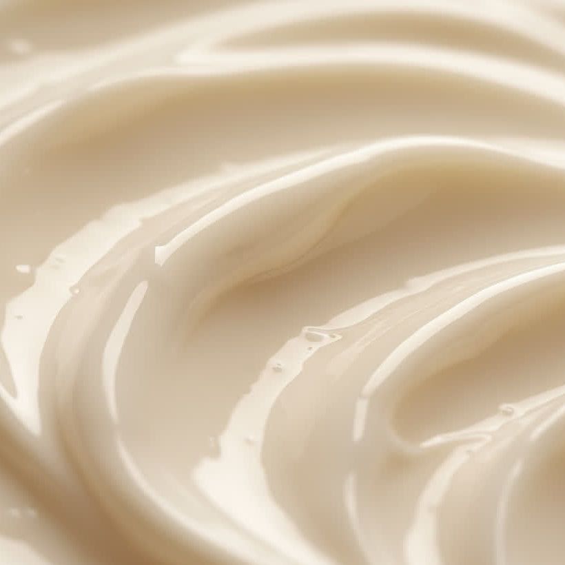 Nahaufnahme von cremiger, beiger Creme mit gewellter Oberfläche.
