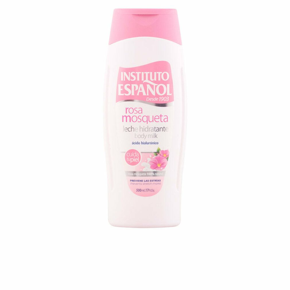 Weiße Flasche mit rosa Verschluss, Instituto Español Rosa Mosqueta Body Milk, 500ml.