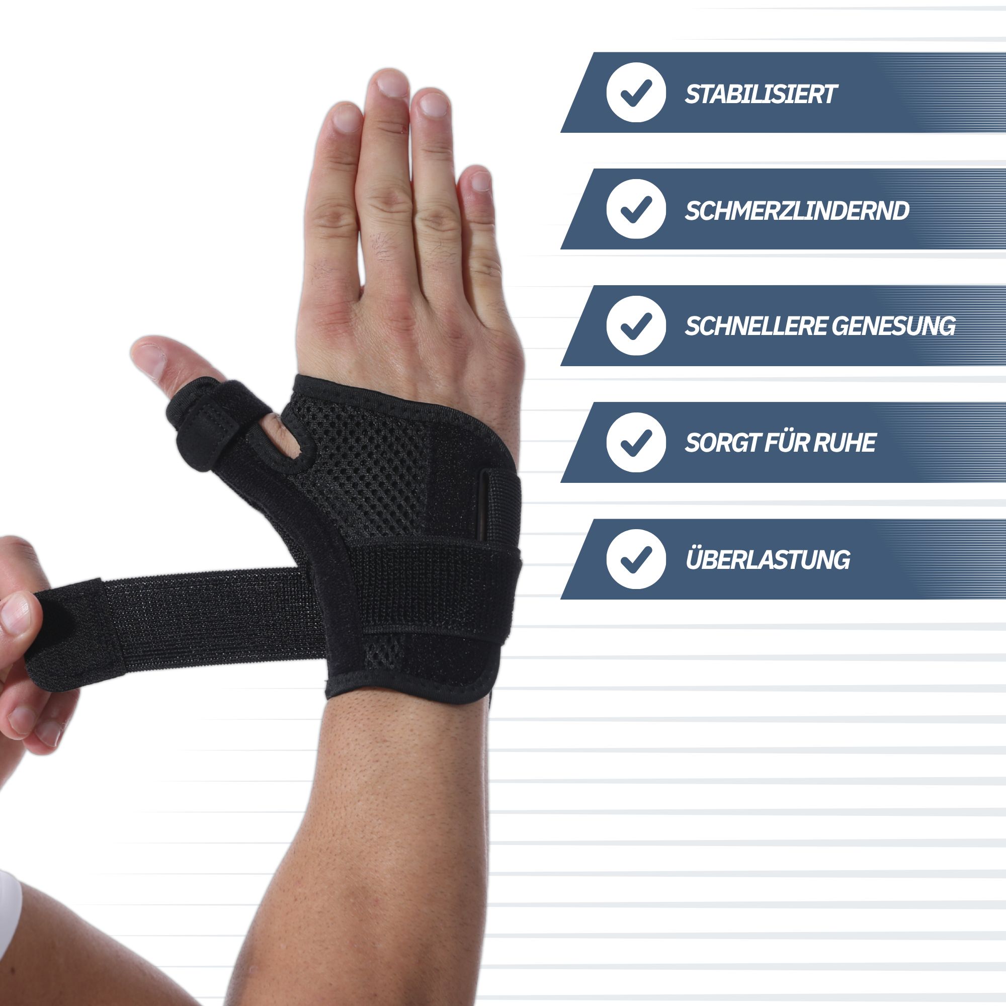 Handgelenkbandage mit Daumenstütze und Klettverschlüssen zur Stabilisierung.