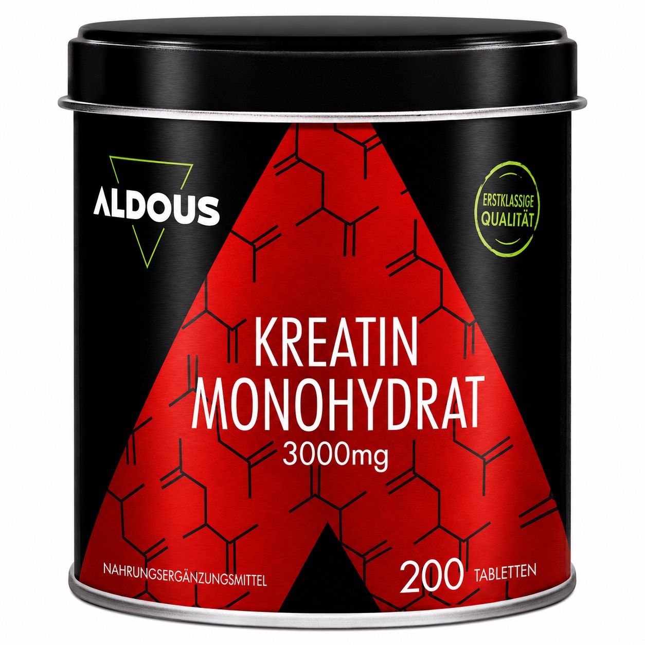 Aldous Creatin Monohydrat Dose: 200 Tabletten, 3000 mg Kreatin. Rotes Design mit Molekülstruktur. "Erstklassige Qualität".