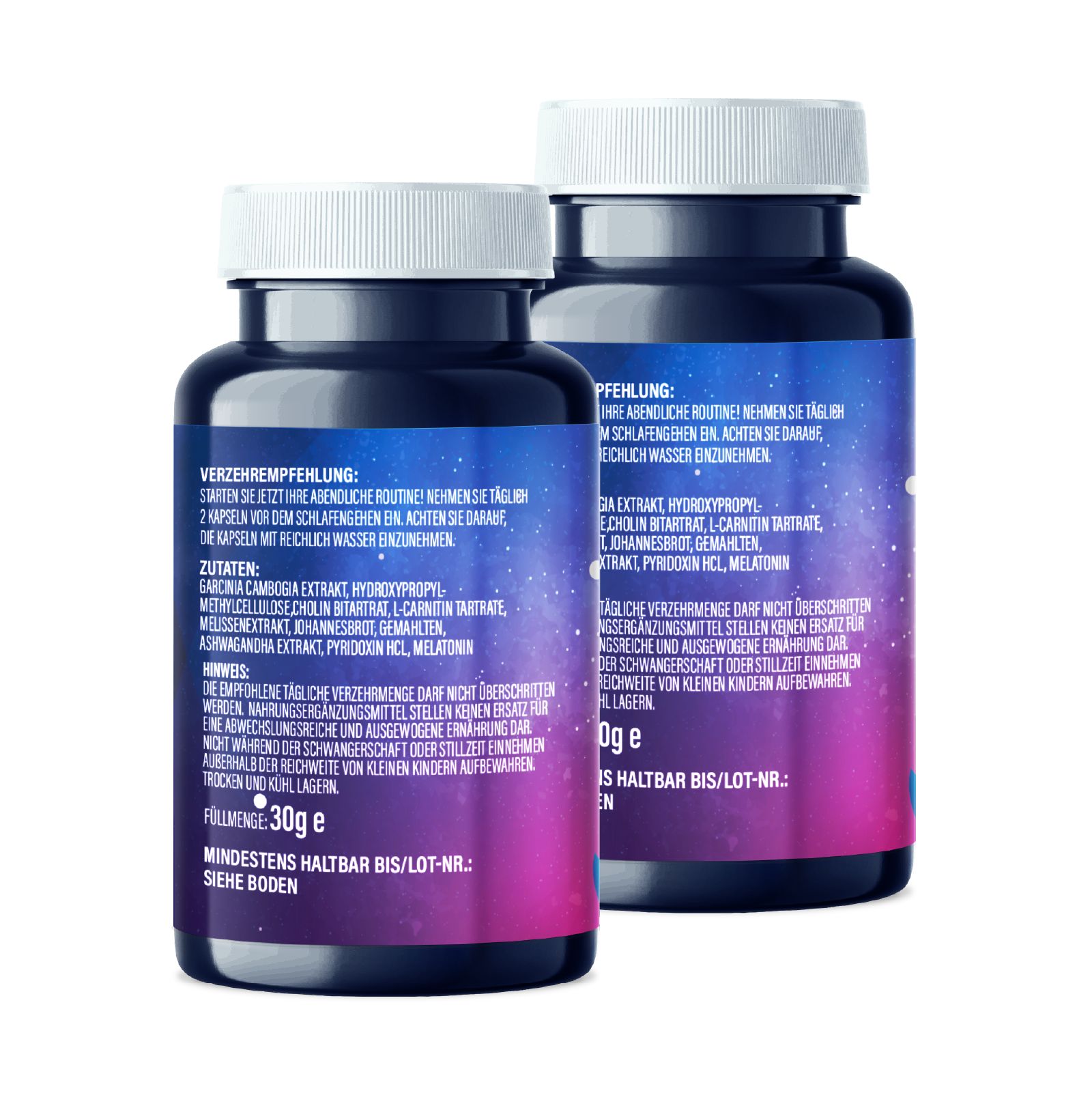 Zwei Flaschen Keto Night Burn. Rückseite mit Inhaltsstoffen und Verzehrempfehlung. Blaue Flaschen mit weißem Deckel.