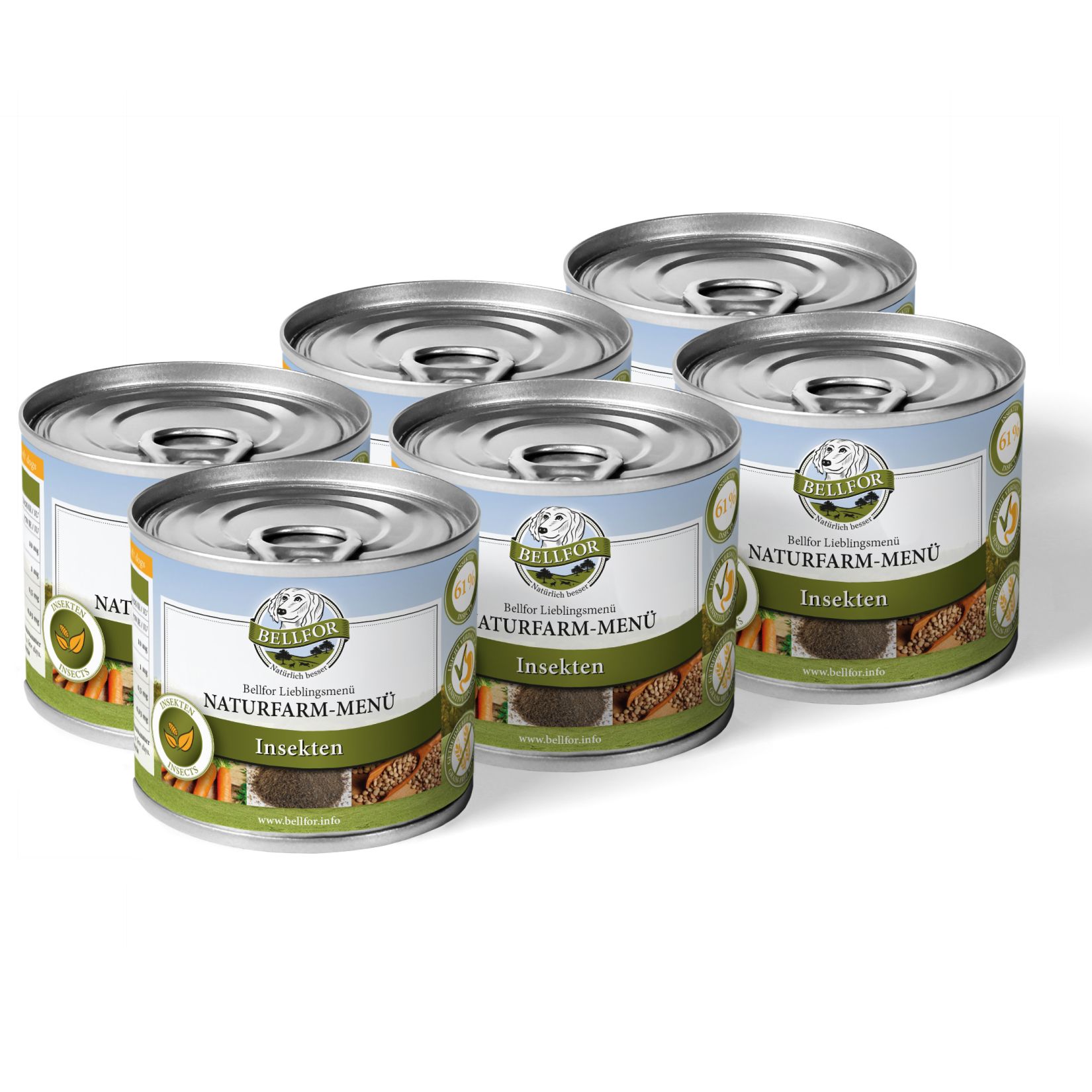 Sechs Dosen Hundefutter, Metall, mit Etikett. Aufschrift: Naturfarm-Menü Insekten. Marke: Bellfor.