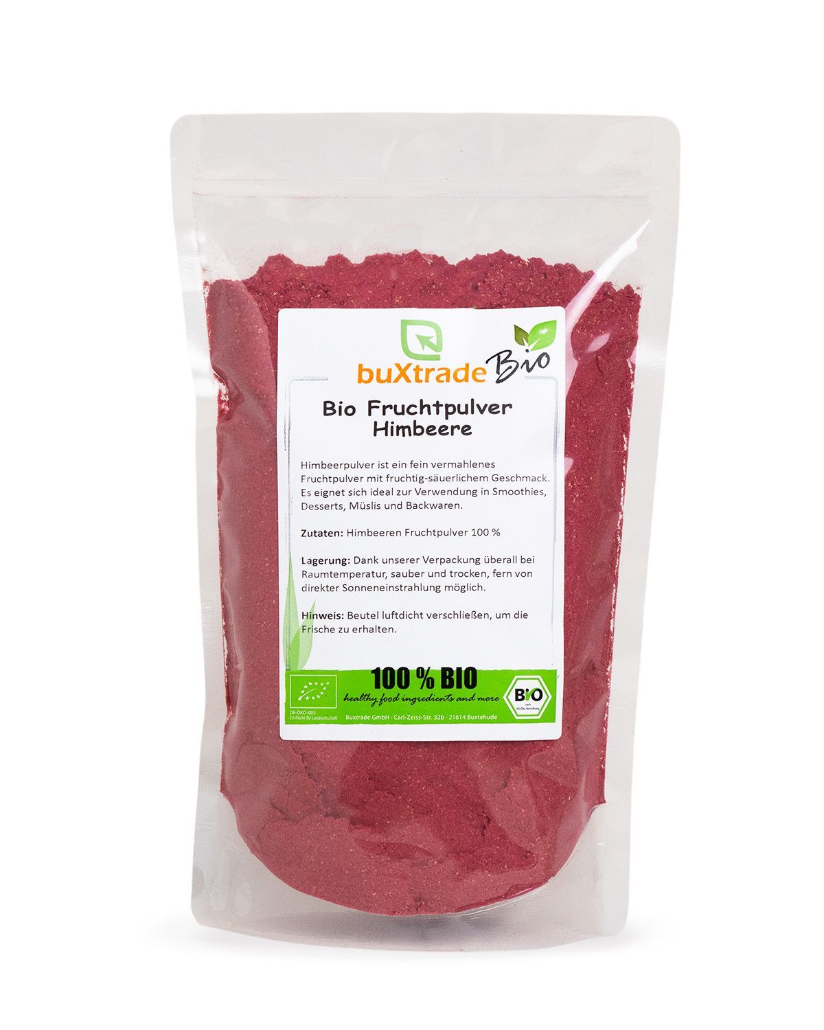 Verpackung mit Bio-Himbeerpulver, mit Siegeln und Produktinformationen.