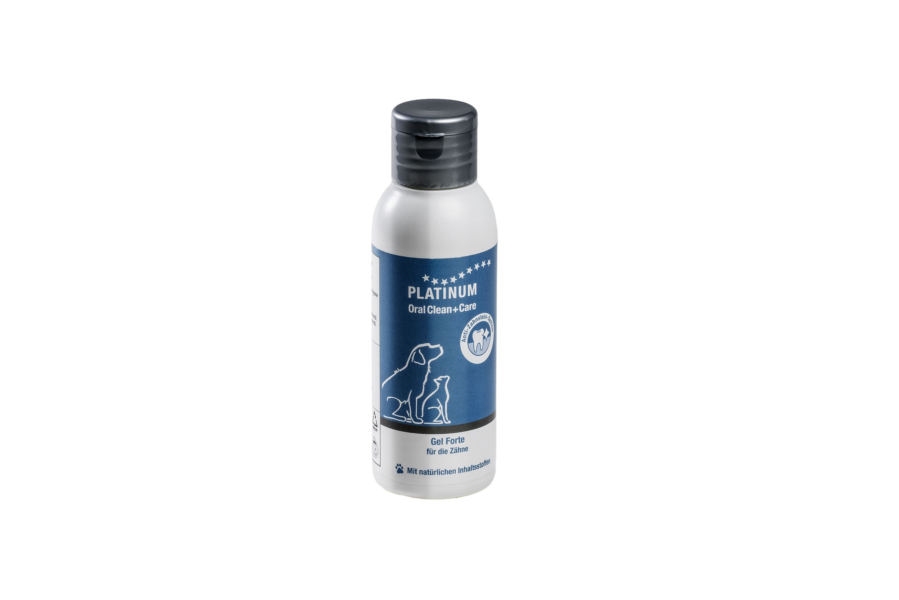 Flasche mit weißem Etikett und blauer Schrift. Zeigt Hunde- und Welpensilhouetten.
