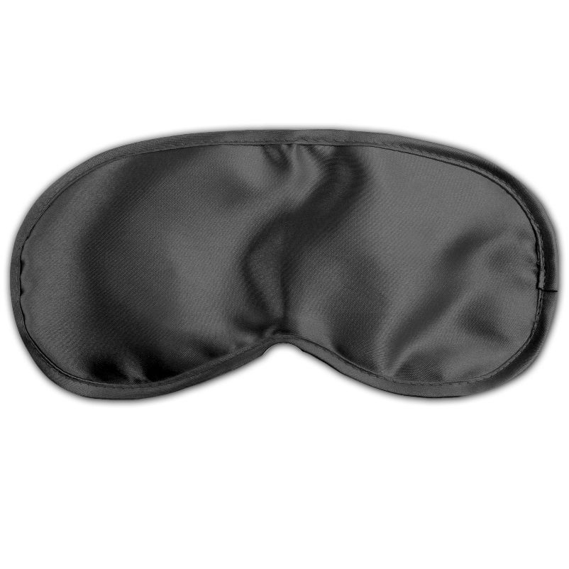Schwarze Satin Love Maske. Oval geformt, aus glattem Stoff. Schwarze Naht umrandet die Maske.