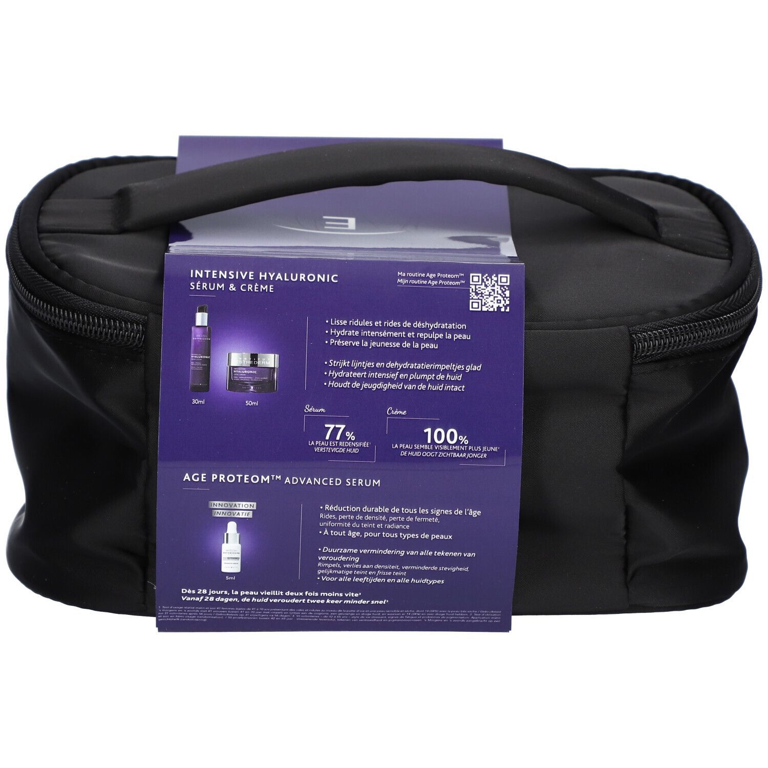 Schwarze Kosmetiktasche mit Griff und Produktinformationen. Aufschrift: Intensive Hyaluronic Serum & Crème. Enthält Serum und Creme.