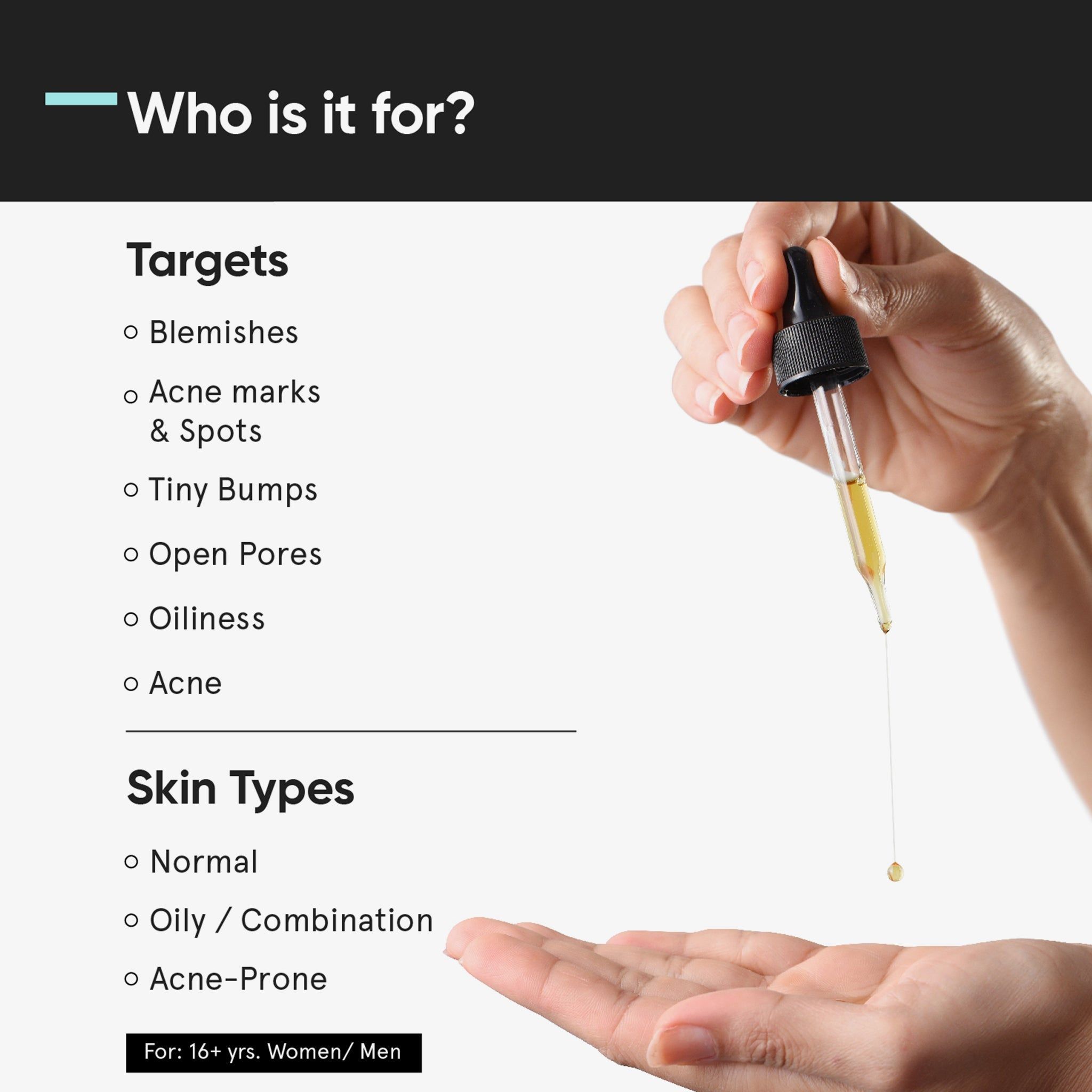 Hand hält Pipette mit Serum. Tropfen Serum, Liste der Hautprobleme und Hauttypen. Text: Für 16+ Jahre, Frauen/Männer.