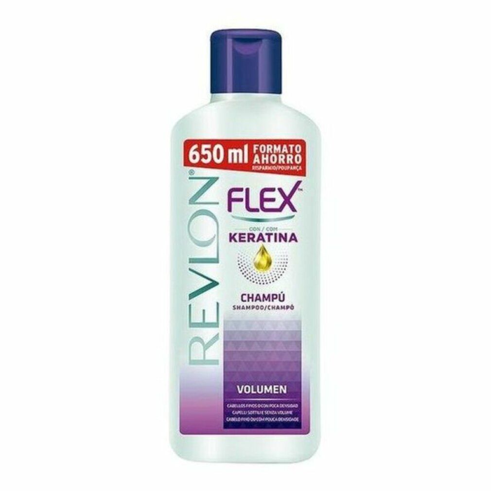 Weiße Flasche mit blauem Deckel. Aufschrift: Revlon Flex Keratin Shampoo. Volumen 650 ml. Lila und weiße Etiketten.