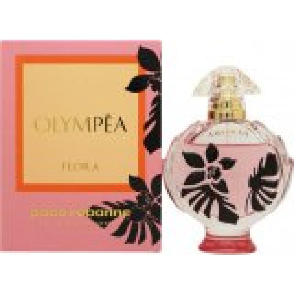 Rosa Flakon und Verpackung. Aufschrift OLYMPÉA FLORA. Schwarze Blumenmuster. 30 ml. Natürliches Spray.