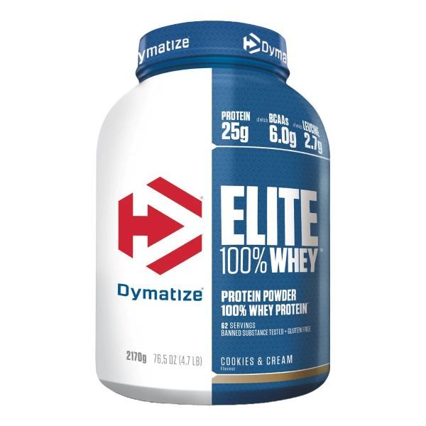 Dymatize Elite 100% Whey Protein-Pulver. Blaue und weiße Dose. Enthält 25g Protein, 6.0g BCAAs. Geschmack: Cookies & Cream.