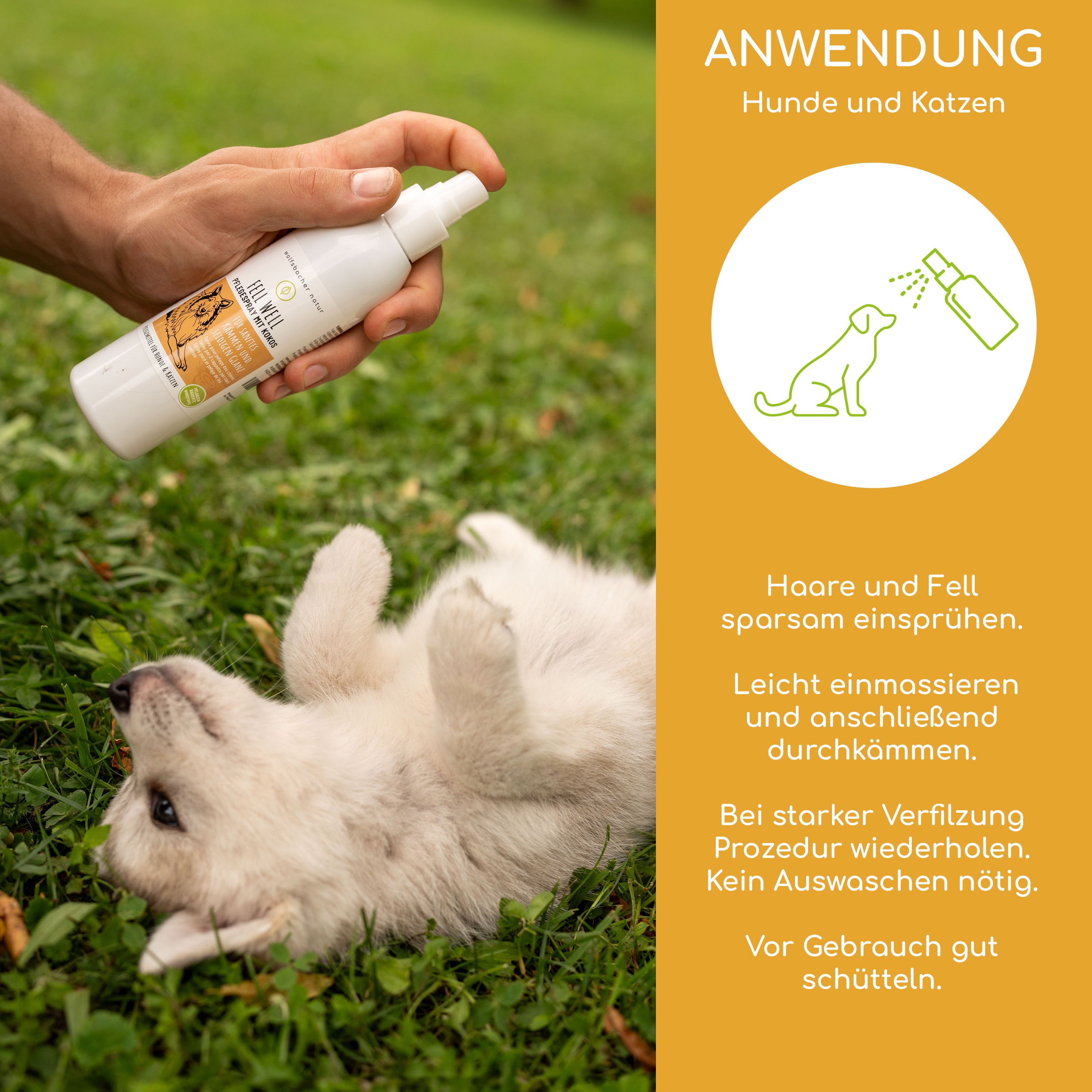 Anwendung: Hund und Katze. Illustration: Hund und Sprühflasche. Text: Haare und Fell sparsam einsprühen, leicht einmassieren und durchkämmen.