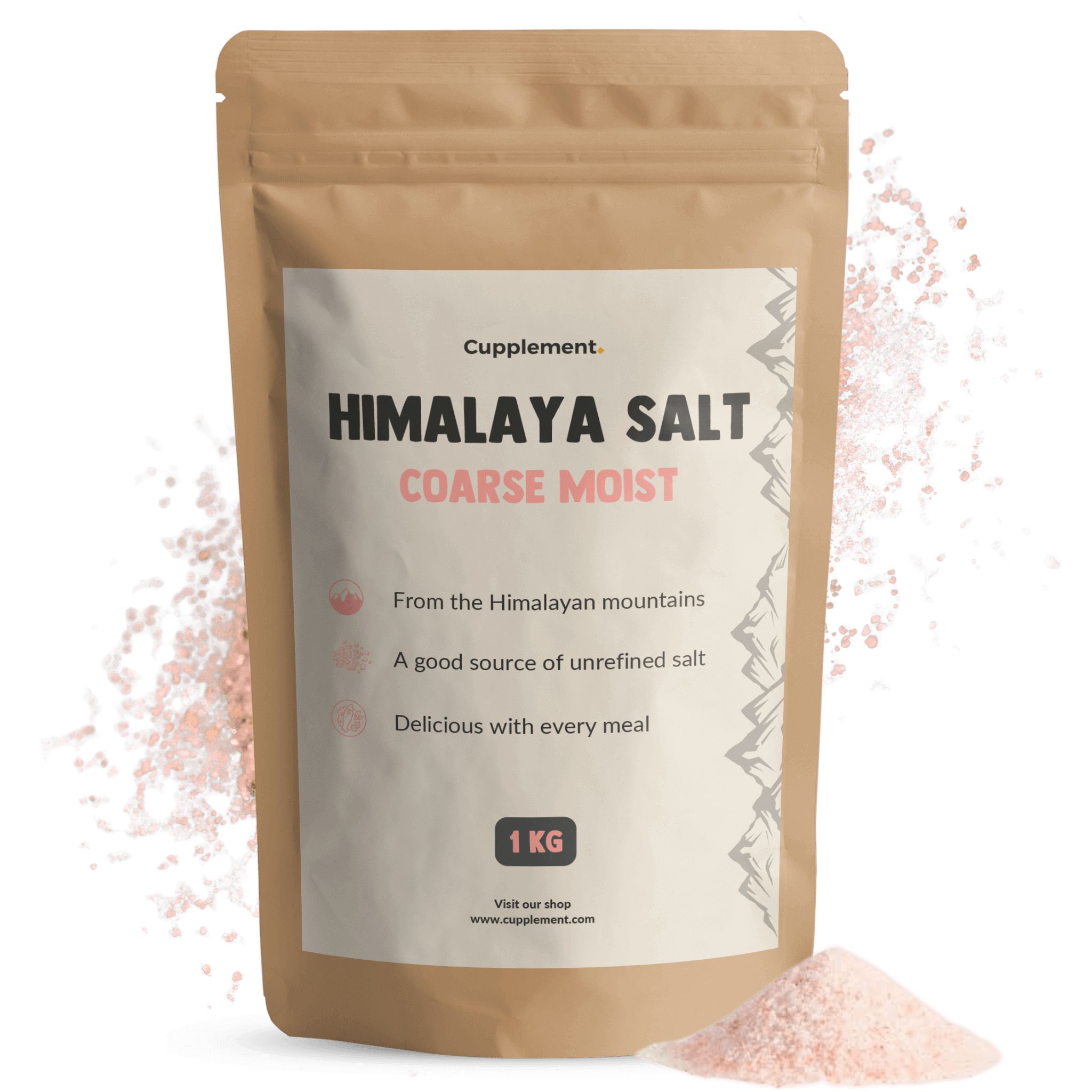 Beutel mit Himalaya-Salz, grob, feucht. 1 kg. Text: Cupplement, Himalaya Salt, aus Himalaya-Bergen, unraffiniert.
