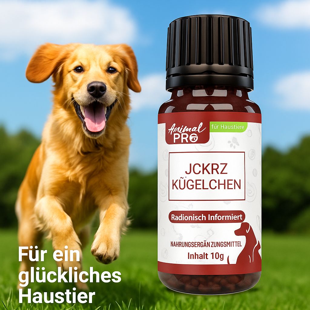 Braune Glasflasche mit schwarzem Deckel. Aufschrift: Animal Pro, JCKRZ Kügelchen, Nahrungsergänzungsmittel, Inhalt 10g. Im Hintergrund: Hund.