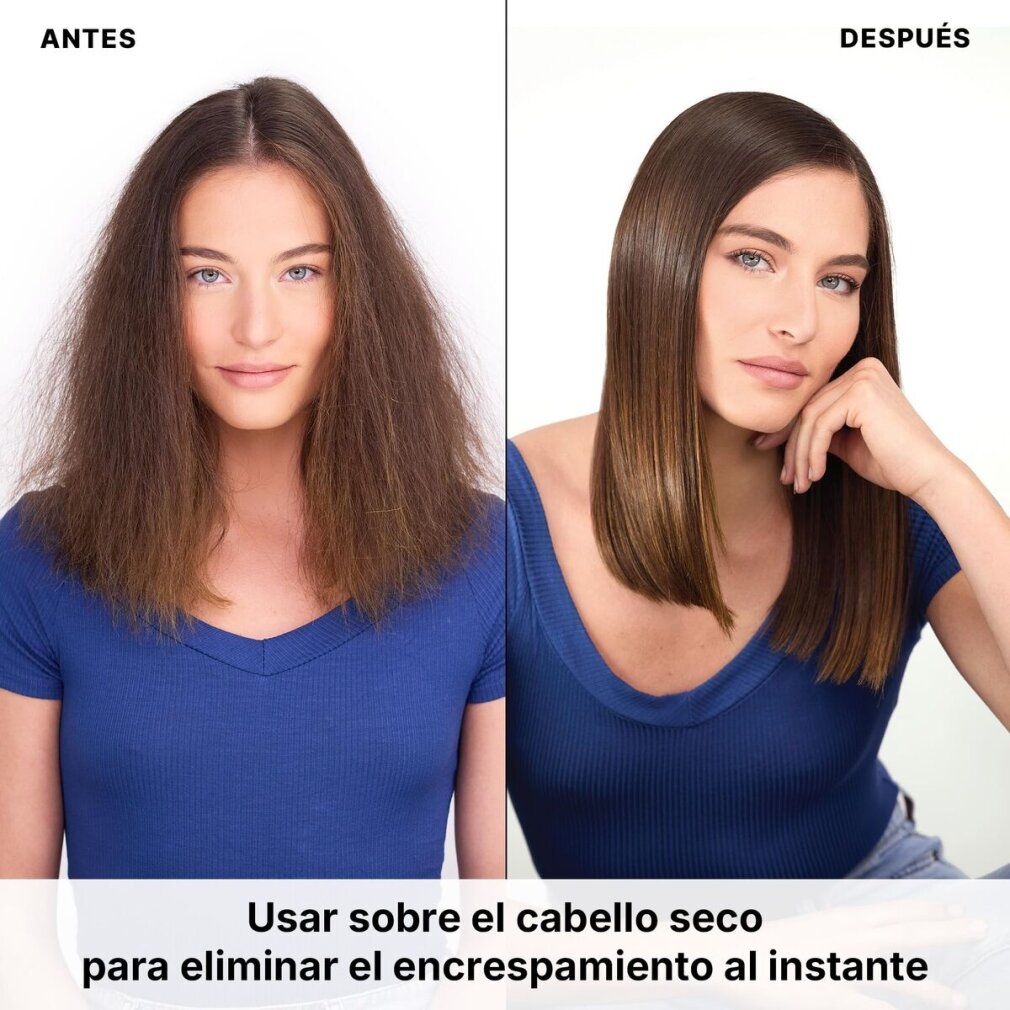 Vorher/Nachher-Vergleich von Haartexturen, die die Wirkung von Color Wow One Minute Transformation zeigen.