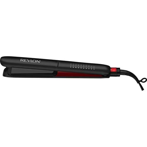 Schwarzes Glätteisen mit roter Innenseite. Mit Revlon-Logo. Temperaturanzeige und roter Ein-/Ausschalter. Schwarzes Kabel mit Schlaufe.