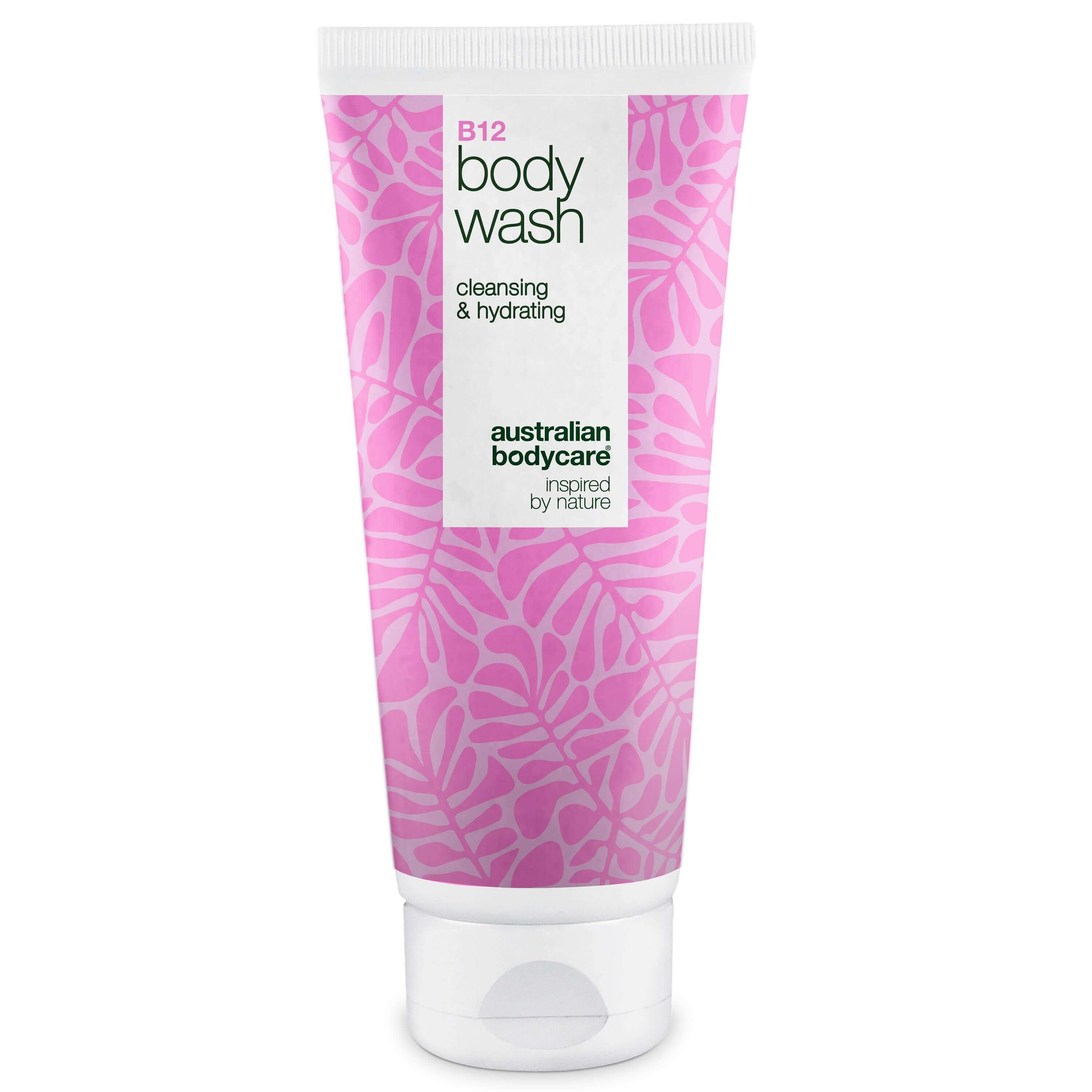 Tube mit B12 Body Wash. Rosa Design mit Blättern. Marke: Australian Bodycare.