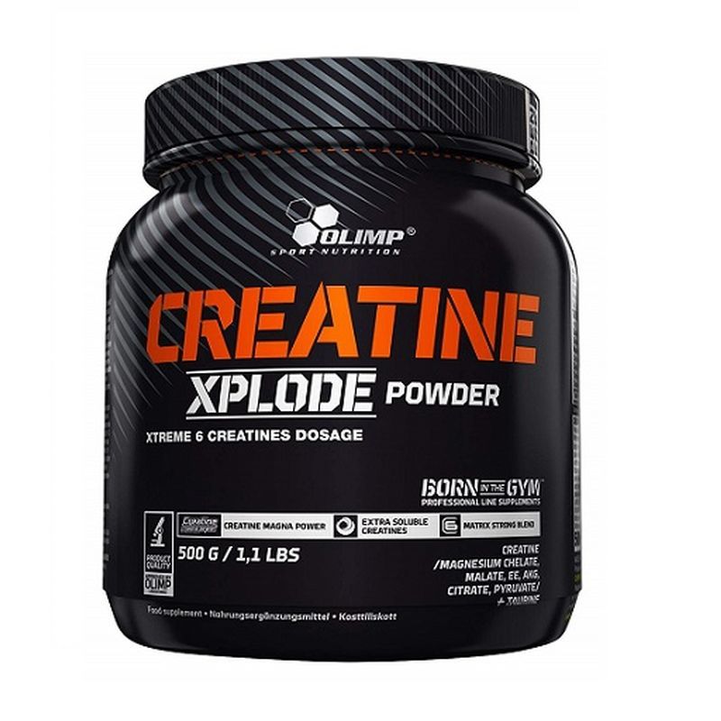 Schwarze Dose mit orangefarbener Aufschrift CREATINE XPLODE POWDER. Enthält 500 g. Marke: Olimp.