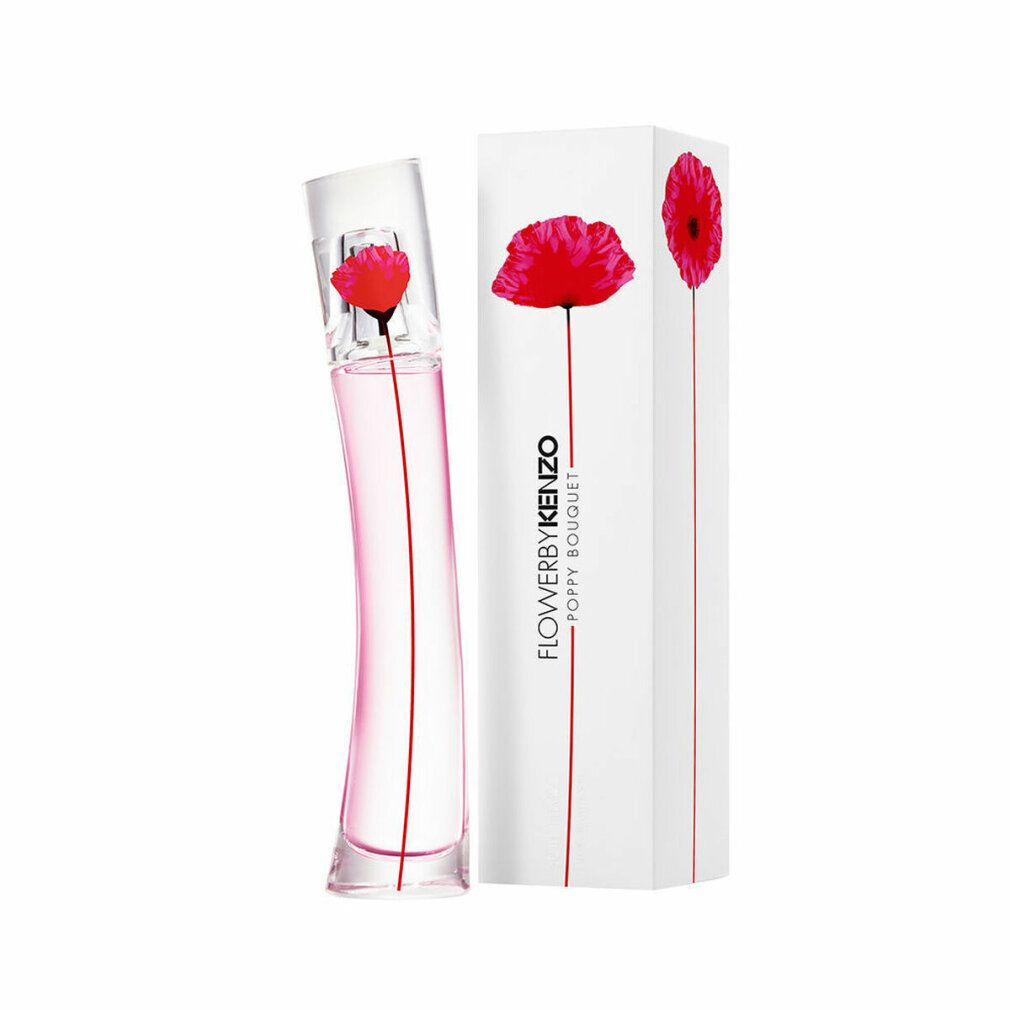 Parfümflakon und Verpackung. Flakon mit roter Blume, rosa Flüssigkeit. Verpackung mit roter Blume und Schriftzug: FLOWERBYKENZO POPPY BOUQUET.