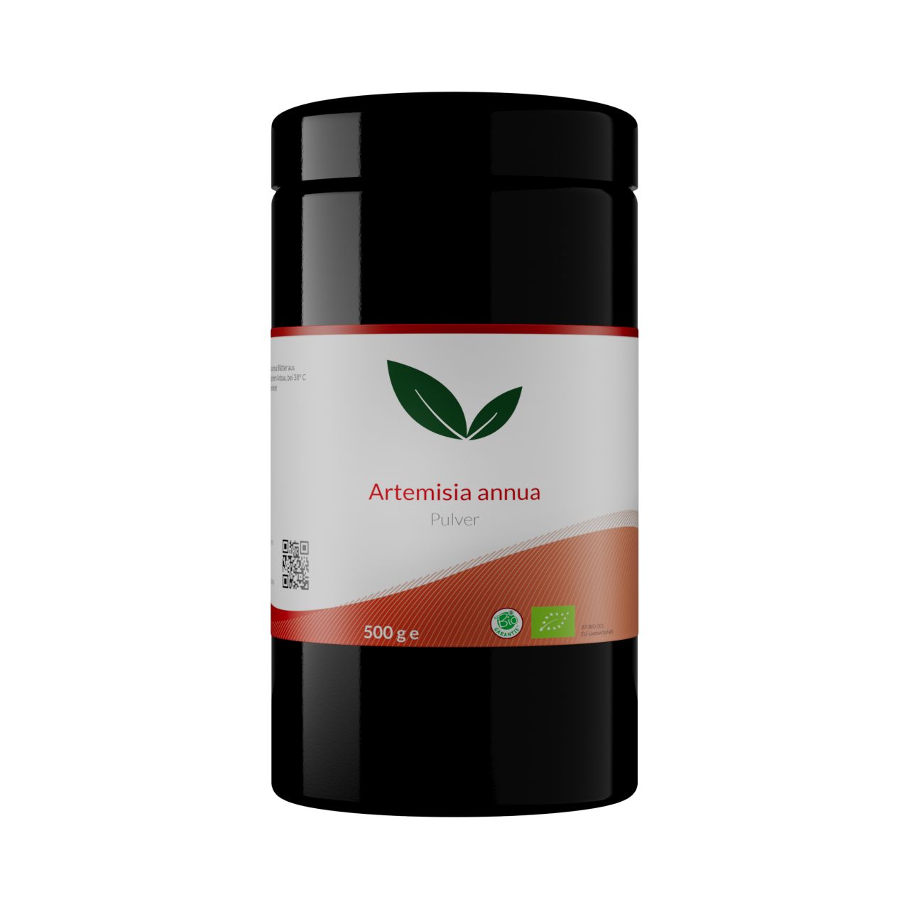 Schwarzer Behälter mit Artemisia annua Pulver, 500g, Bio-Siegel.