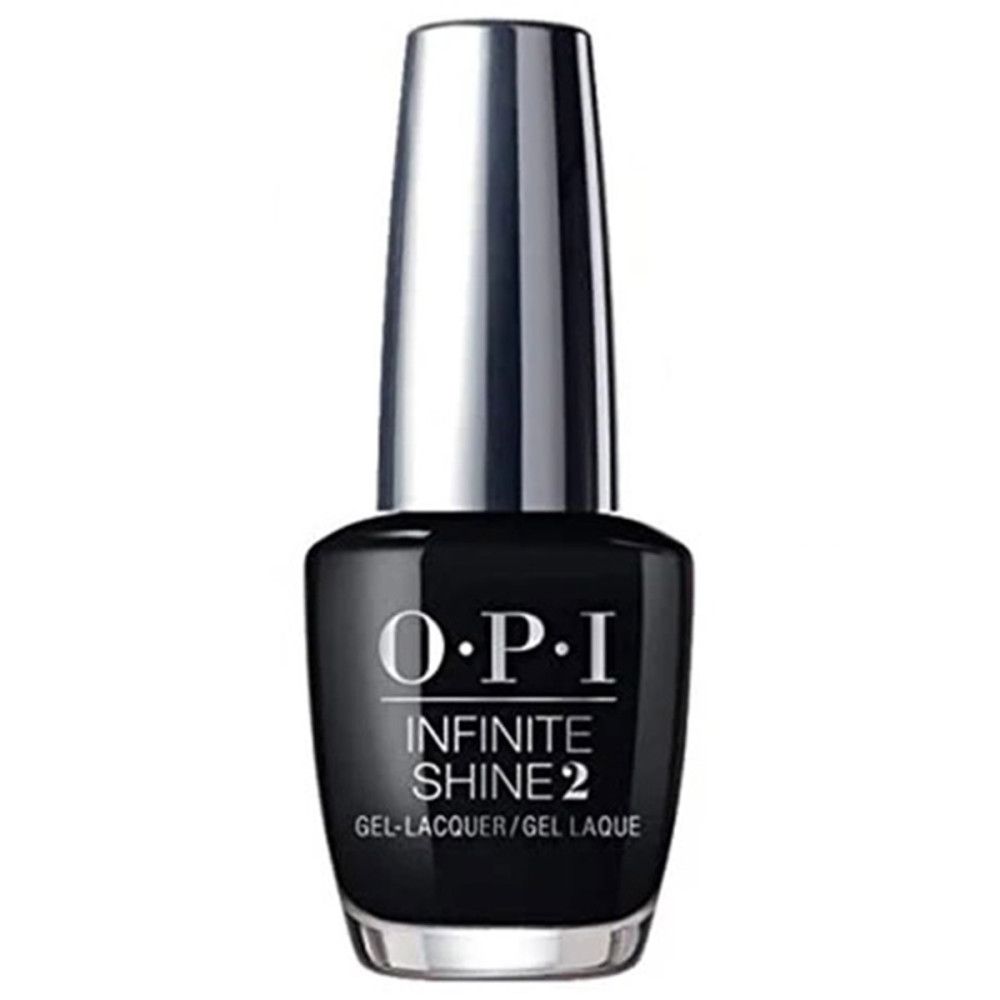 OPI Infinite Shine 2 Nagellackflasche. Schwarzer Nagellack, silberner Deckel. Text: OPI, Infinite Shine 2, Gel-Lacquer/Gel Laque.