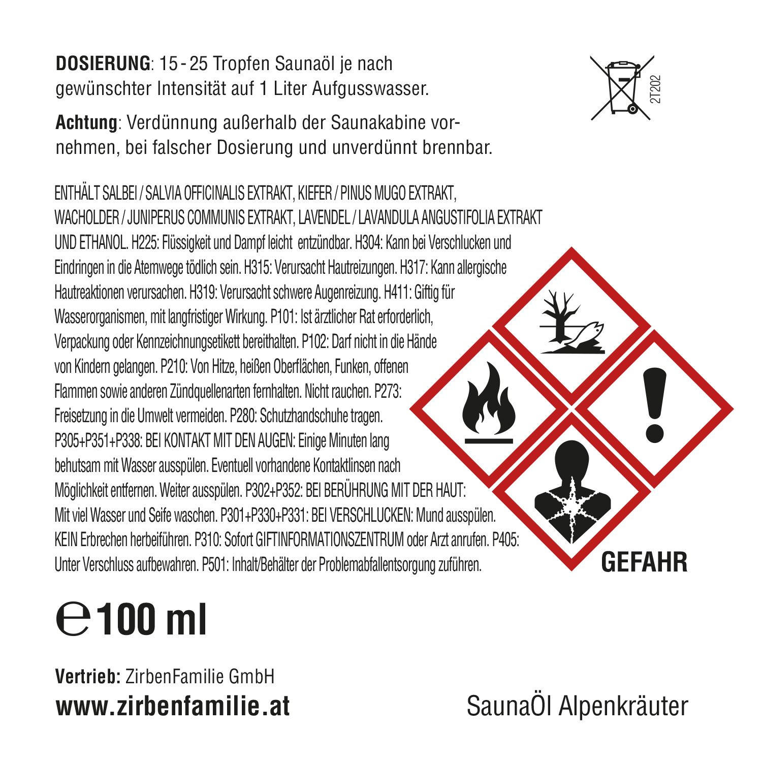 Etikett mit Warnsymbolen und Inhaltsstoffen. Text: Dosierung, Achtung, Inhaltsstoffe, Gefahrenhinweise. Flasche mit 100 ml Inhalt.